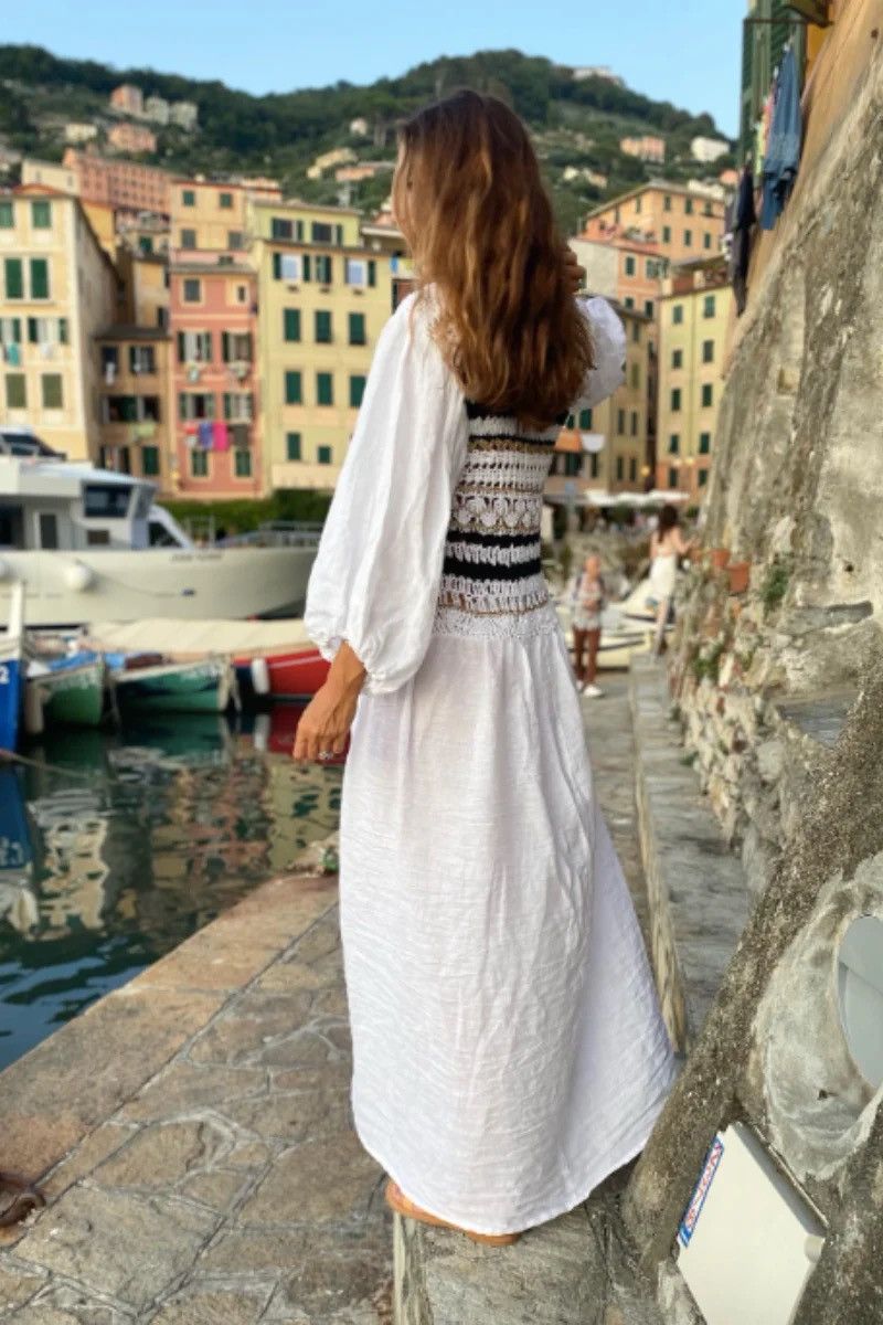 Other NINALEUCA Crochet Boho Dress–White Linen Maxi with Knit Top Size M / US 6-8 / IT 42-44 - 3 Thumbnail