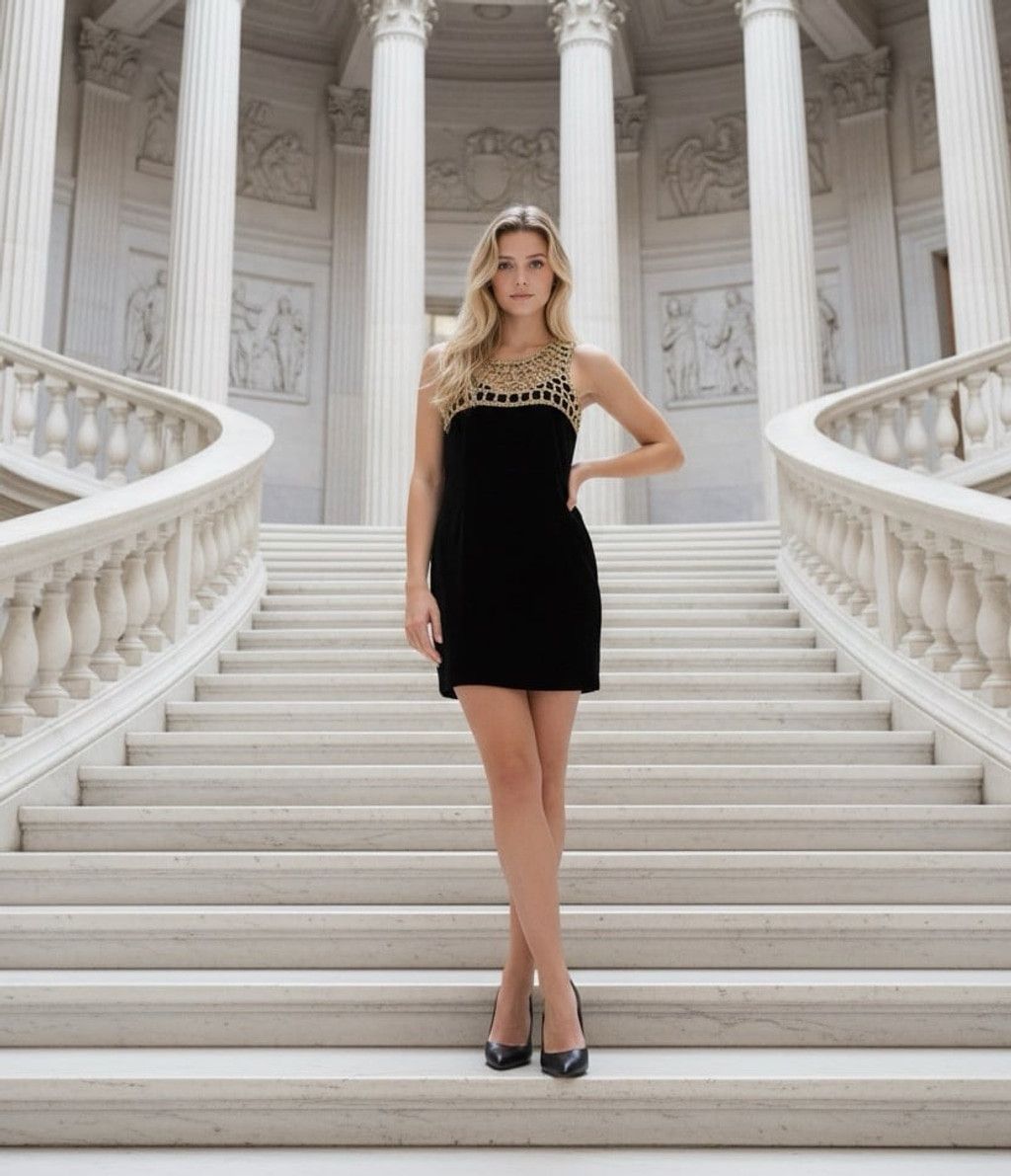 The Unbranded Brand Stella 100% VELVET black gold design neck line dress sz Med Size M / US 6-8 / IT 42-44 - 2 Thumbnail