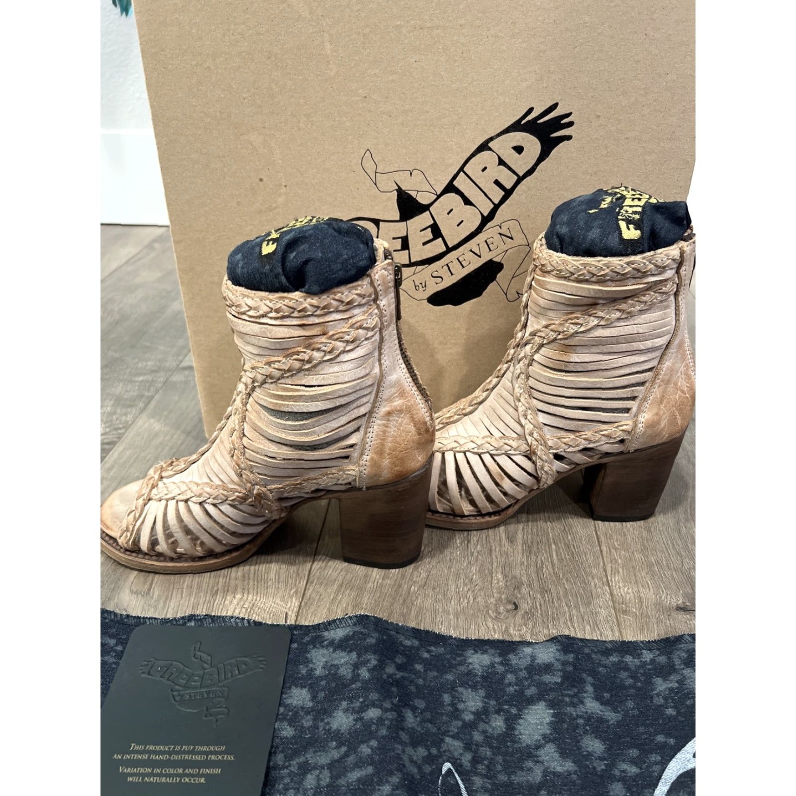 FREEBIRD Freebird By Steven Bela Bootie Women US Size 7 Taupe Leather Cage Braid Peep Toe Boho Block Heel Womens Size US 7 / IT 37 - 4 Thumbnail