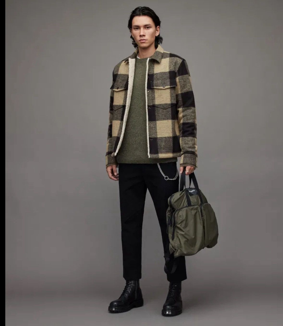 Allsaints Drexel Sherpa lined flannel plaid Chekered jacket