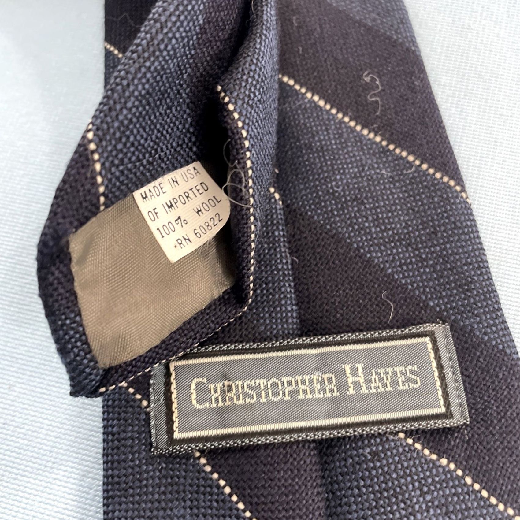 Vintage VINTAGE Christopher Hayes Wool Tie Striped Repp Necktie Dark Blue 58" 3x56 Men Jewelry & Accessories Wool Tie Triband Blue Gray Satin Ornamented Size ONE SIZE - 6 Thumbnail