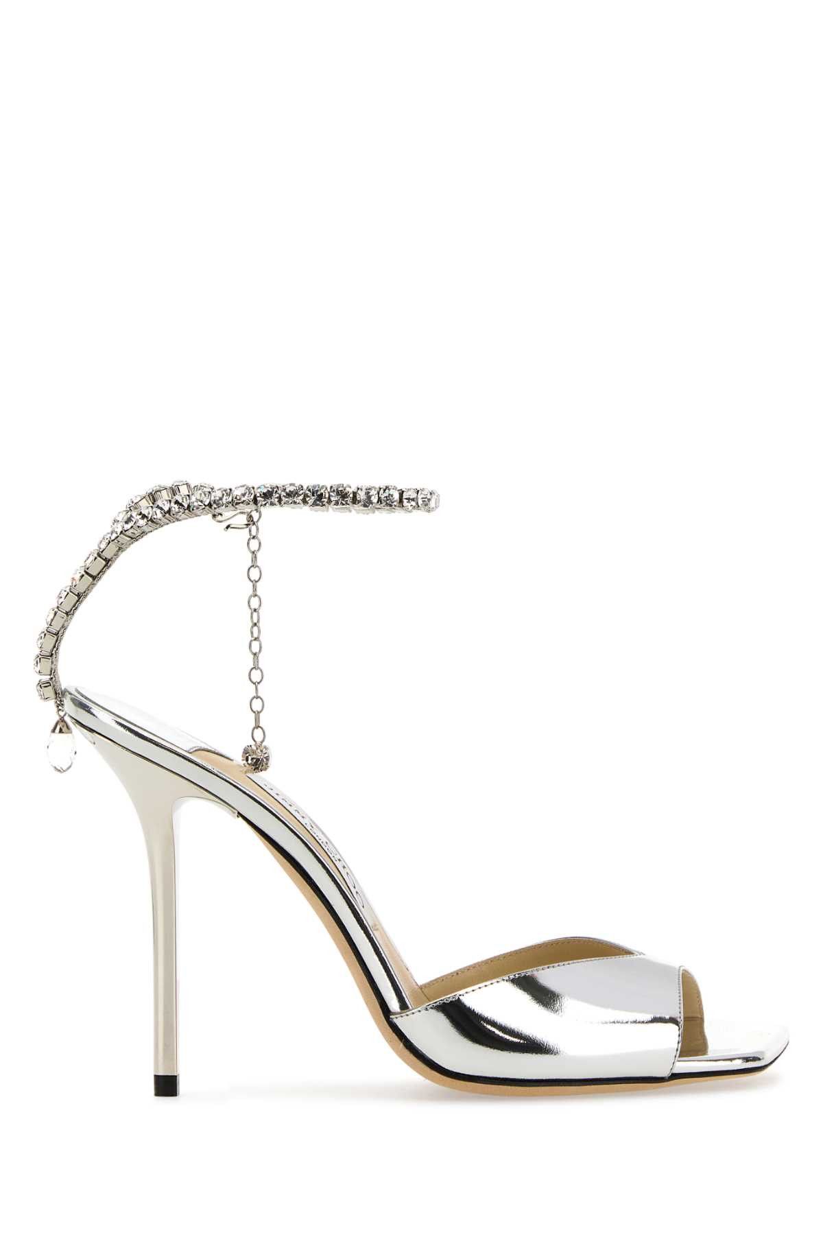 image of Jimmy Choo Silver Leather Saeda 100 Sandals, Women's (Size 11)