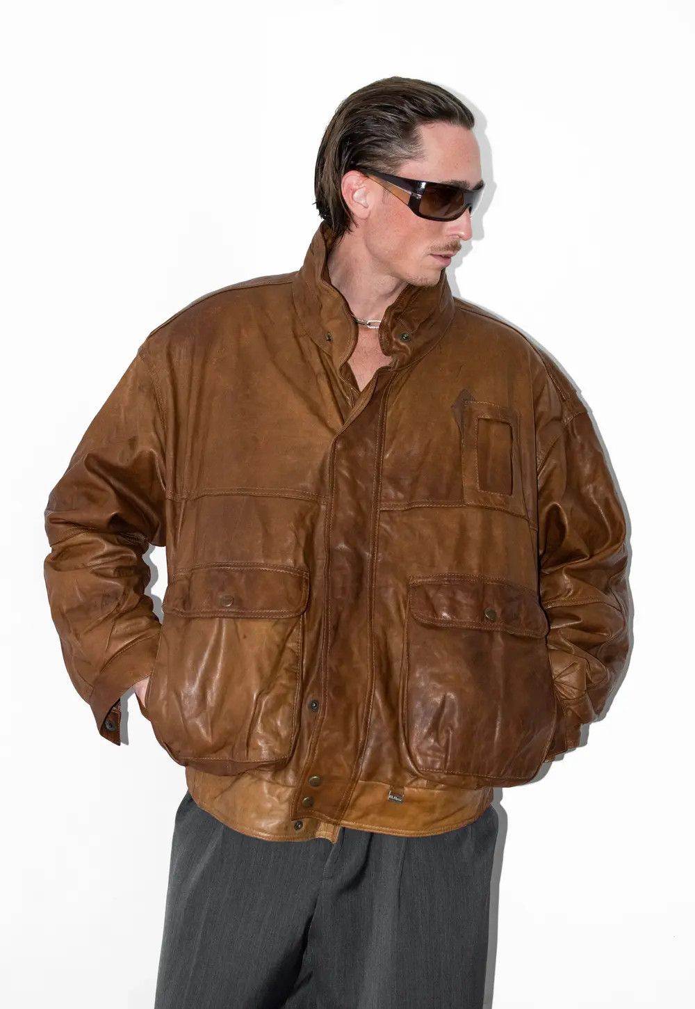 90s Vintage Brown leather wool bomber jacket