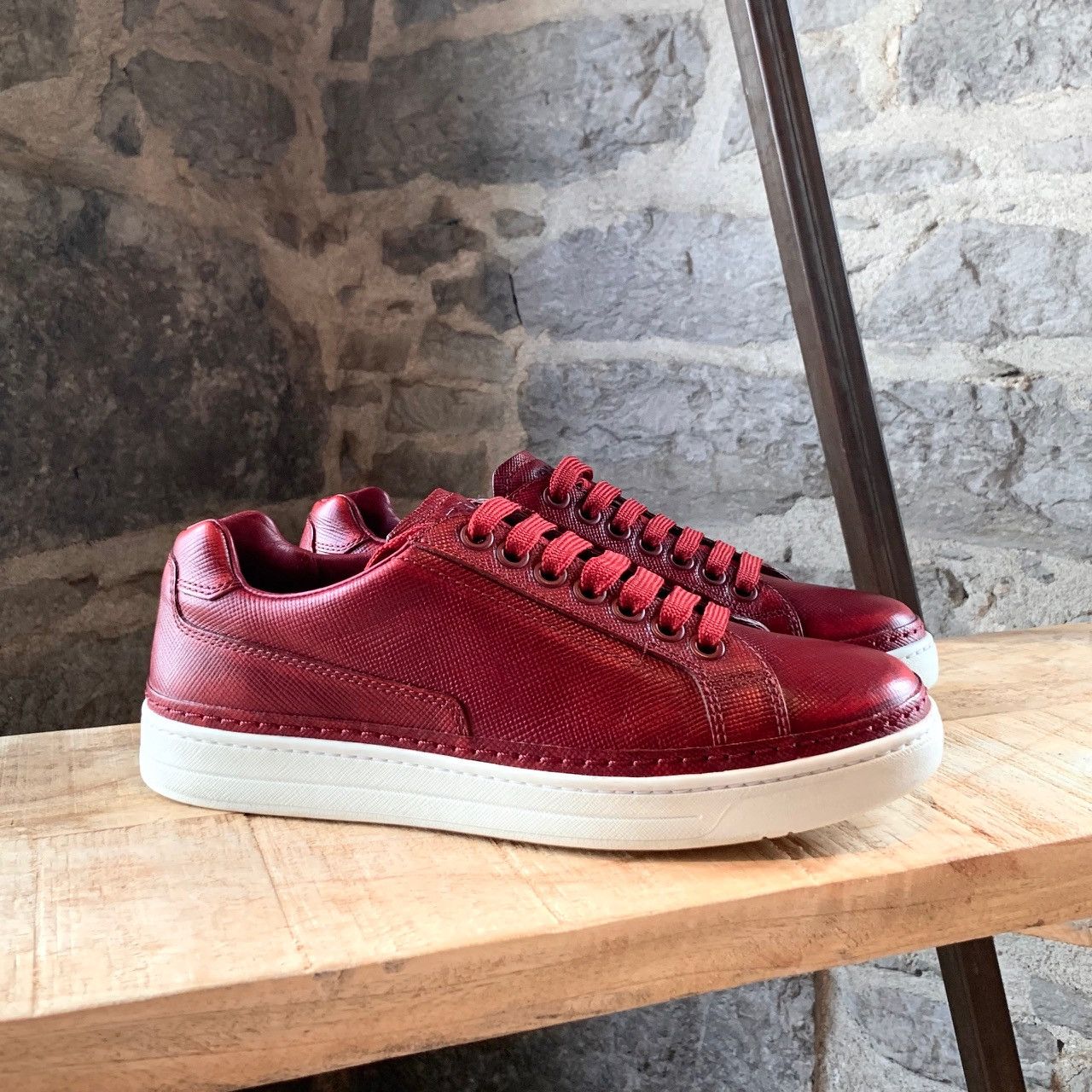Prada Prada Saffiano Red Leather Low-Top Sneakers Size US 7 / EU 40 - 1 Thumbnail