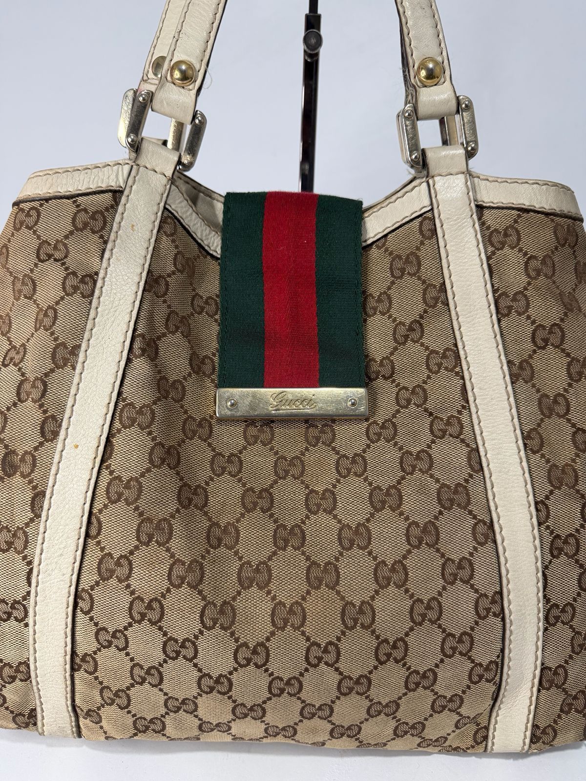 Gucci Gucci BeigeWhite GG Canvas Leather Medium Ladies Web Tote Size ONE SIZE - 2 Thumbnail