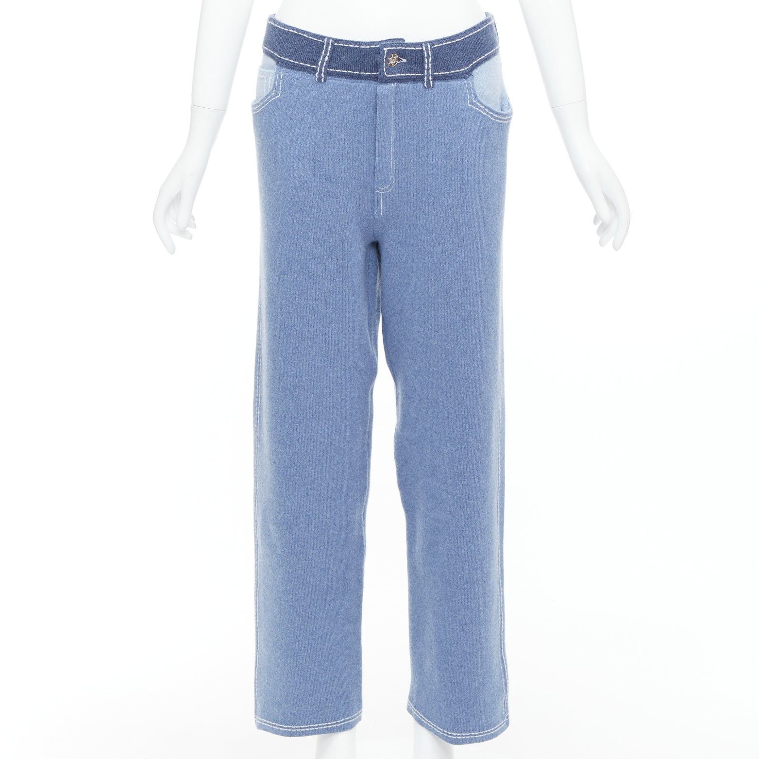Barrie BARRIE cashmere cotton blue trompe loeil white topstitch knitted pants M Size 28" / US 6 / IT 42 - 1 Thumbnail