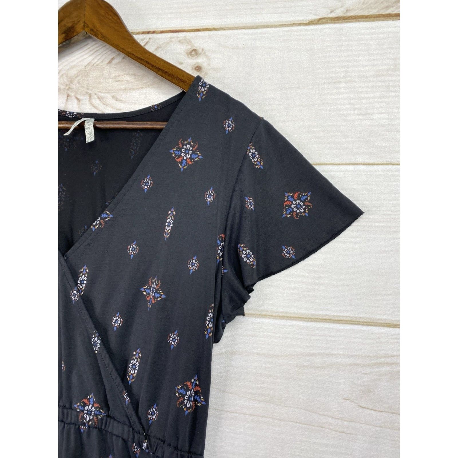Vintage Mudd Dress Womens XL Black Boho Print Mini Raw Hems Faux Wrap Casual Soft Modal Dress Size XL / US 12-14 / IT 48-50 - 3 Thumbnail
