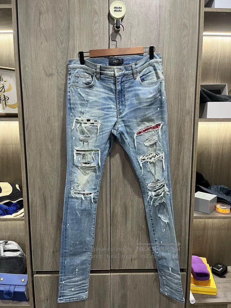 Amiri Amiri Size 33 Cashew flower checkerboard patchwork blue cat Size US 33 - 5 Thumbnail