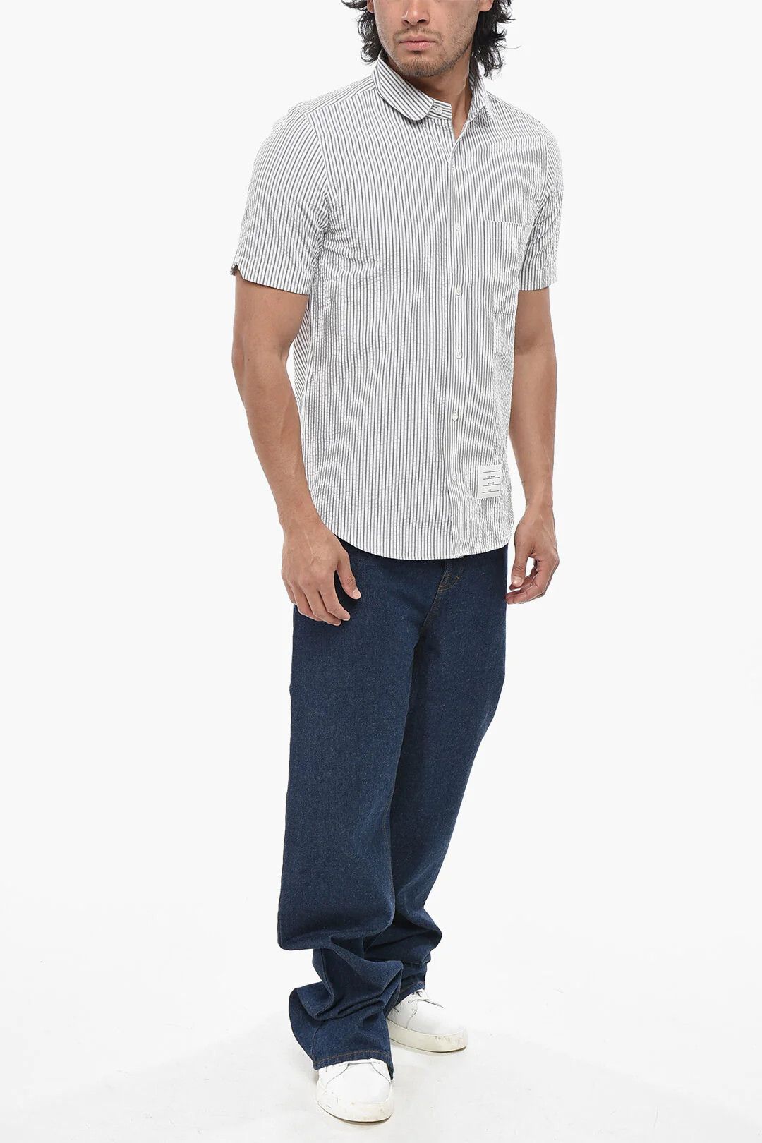 Thom Browne og1mm0426 Seersucker Cotton Short-Sleeve Shirt in Grey Size US XXS / EU 40 - 4 Thumbnail