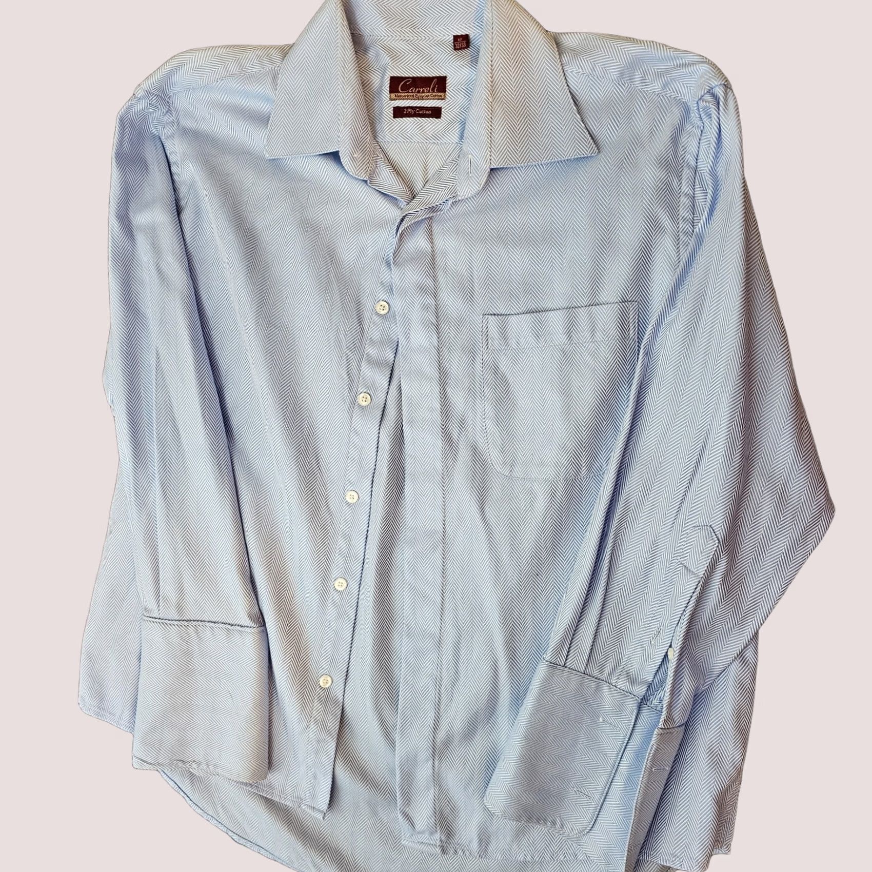 Vintage Carreli Dress Shirt 17 Blue Egyptian Cotton Button French Cuff Windsor White Collar Business Shirt Mens Size 46R - 1 Thumbnail