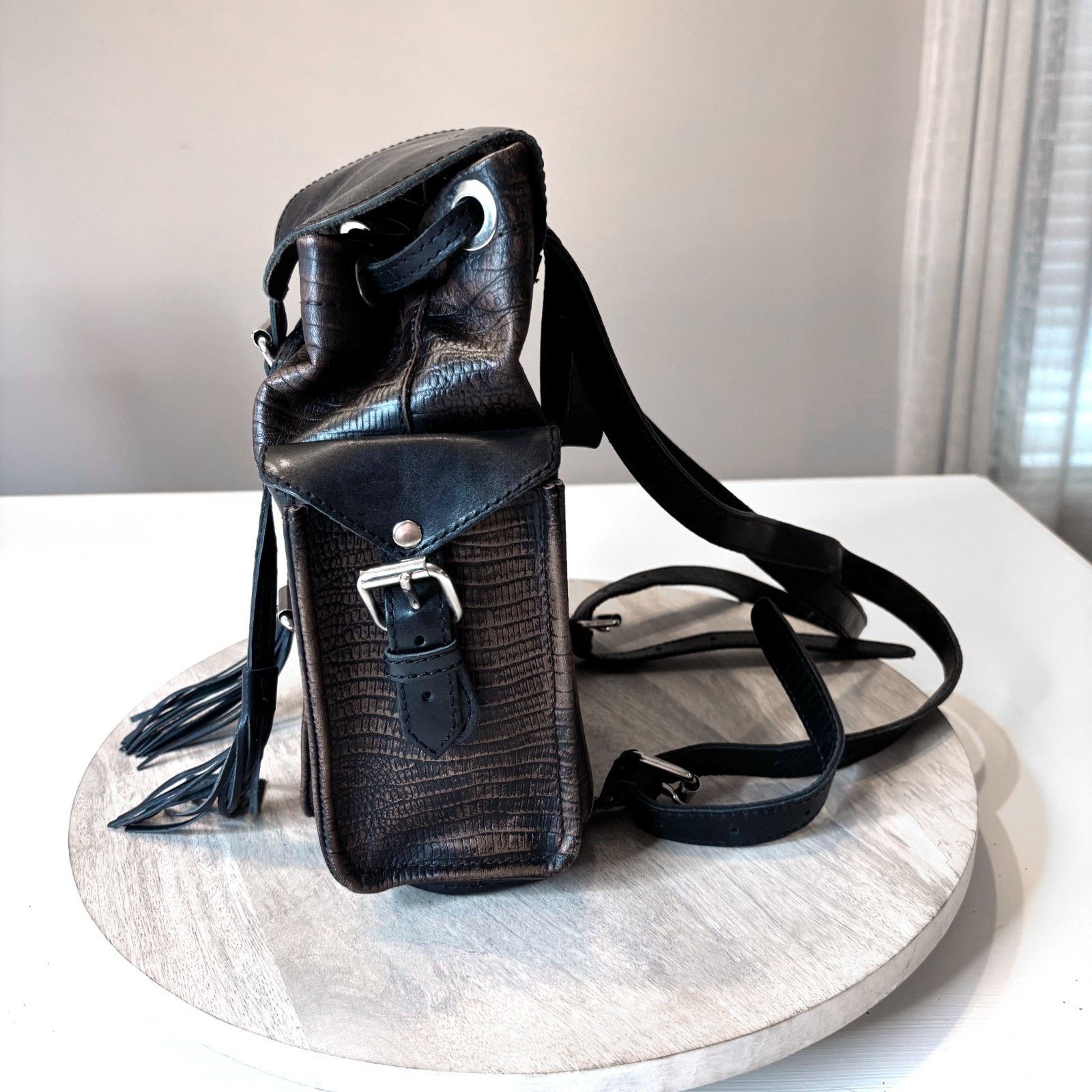 Freebird Steven Leather Backpack Boho Fringe Buckle Brown 