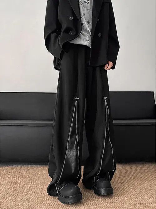 Other Black Wide-Leg Pants with Leather Accents Size US 32 / EU 48 - 3 Thumbnail