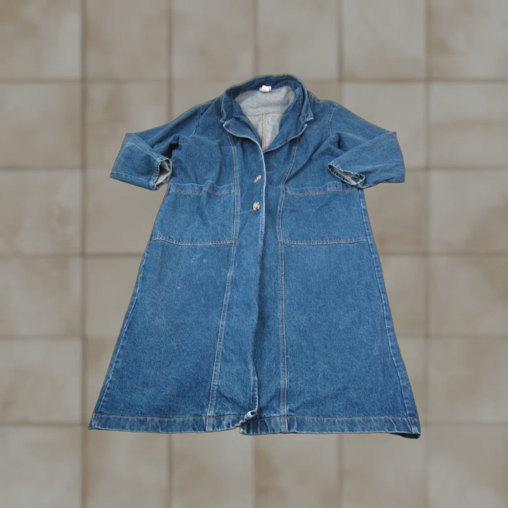 VINTAGE Stuffed Shirt Trench Coat Womens L Blue Denim Cotton Solid Long Sleeve Button Coat 80s 90s Vintage Womens Cotton Denim Trench Coat