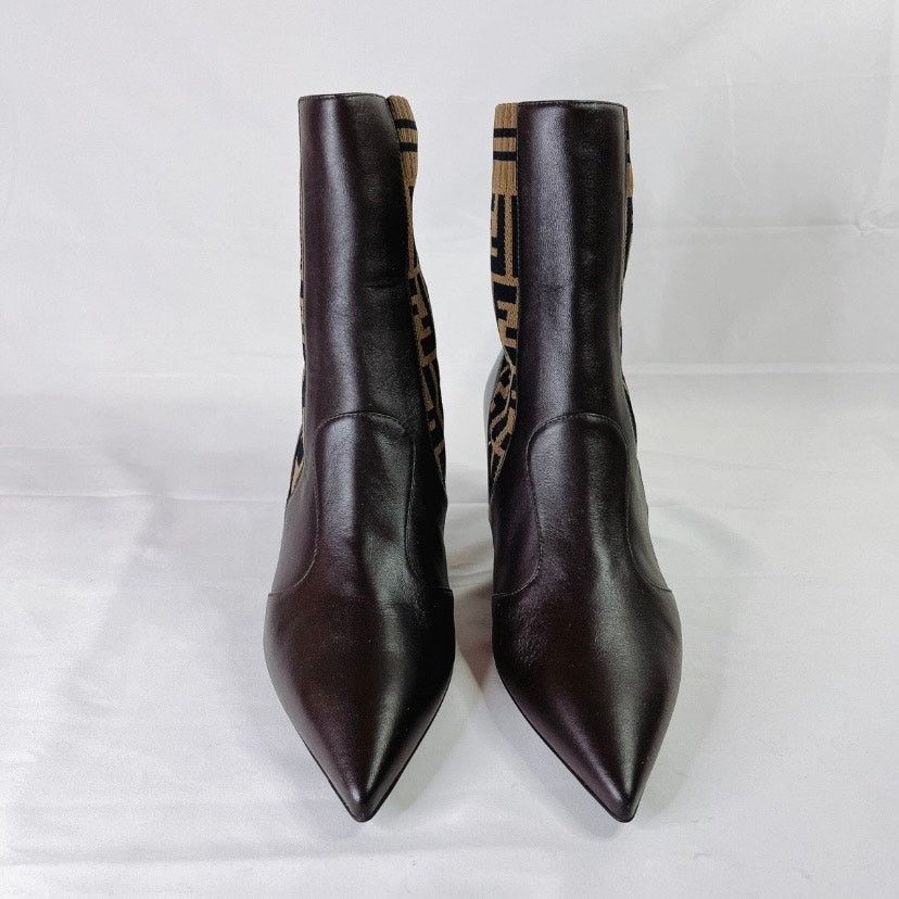 Fendi Rockoko FF logo stretch knit leather heeled ankle boots Size US 7 / IT 37 - 7 Thumbnail