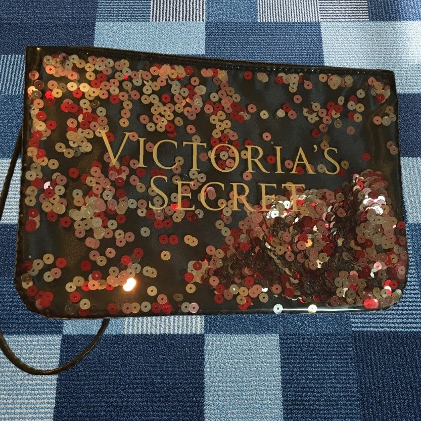 Victoria's Secret Victoria's Secret Wristlet Cosmetic Bag Zippered Sequin Bling Confetti Black Vinyl 9" x 6" x 5" Women Medium Size ONE SIZE - 1 Thumbnail