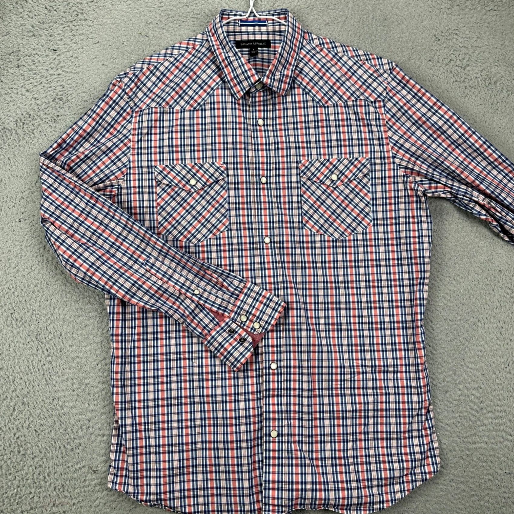 Banana Republic Banana Republic Shirt Mens L Red Blue Western Plaid Snap Pockets Button-Up Collared Long Sleeve Casual Workwear Mens Size US L / EU 52-54 / 3 - 2 Thumbnail