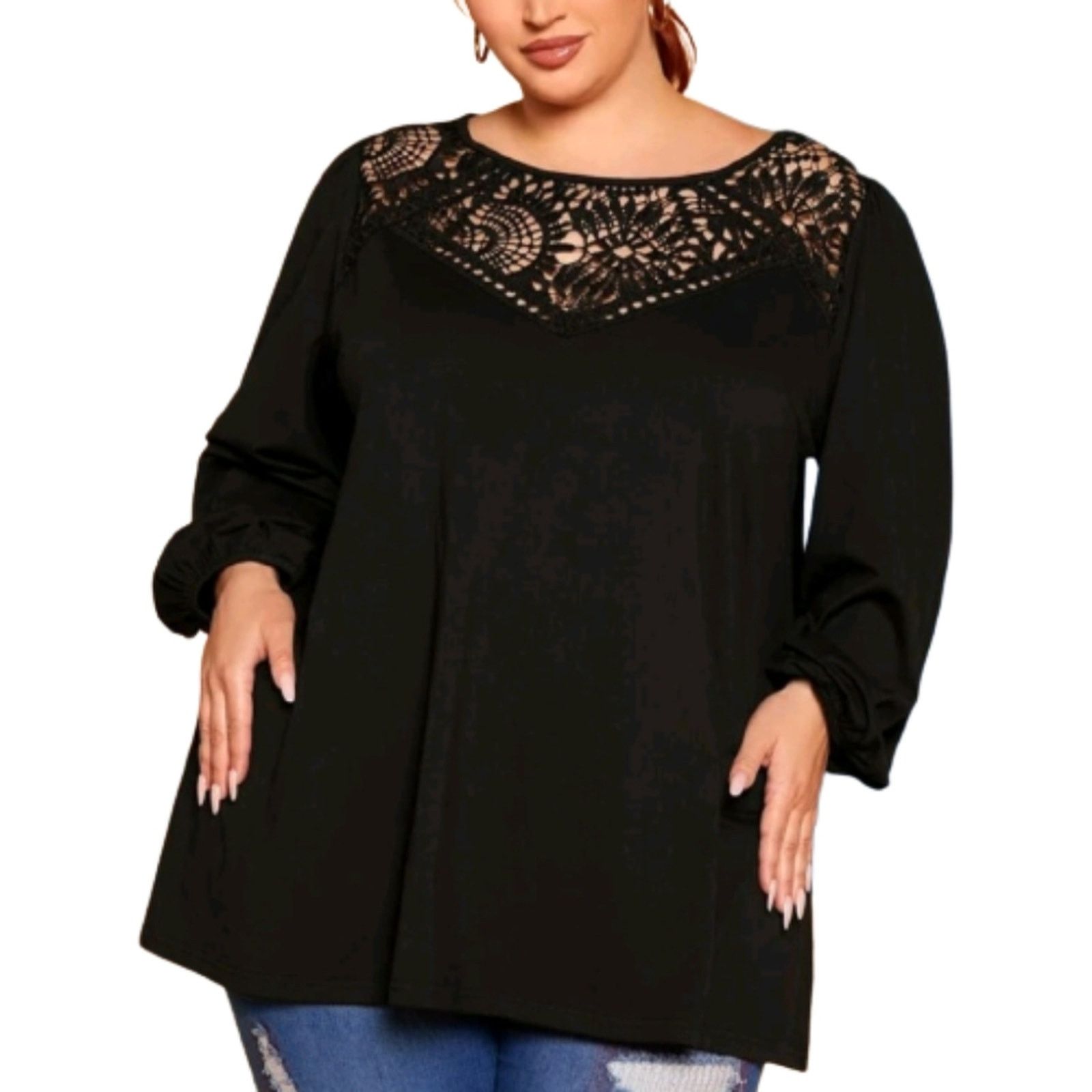 Shein CROCHET YOKE ☆ BLACK ☆ LANTERN SLEEVE TOP ☆ 22w ☆ NWT Size 3XL / US 20-22 - 5 Thumbnail