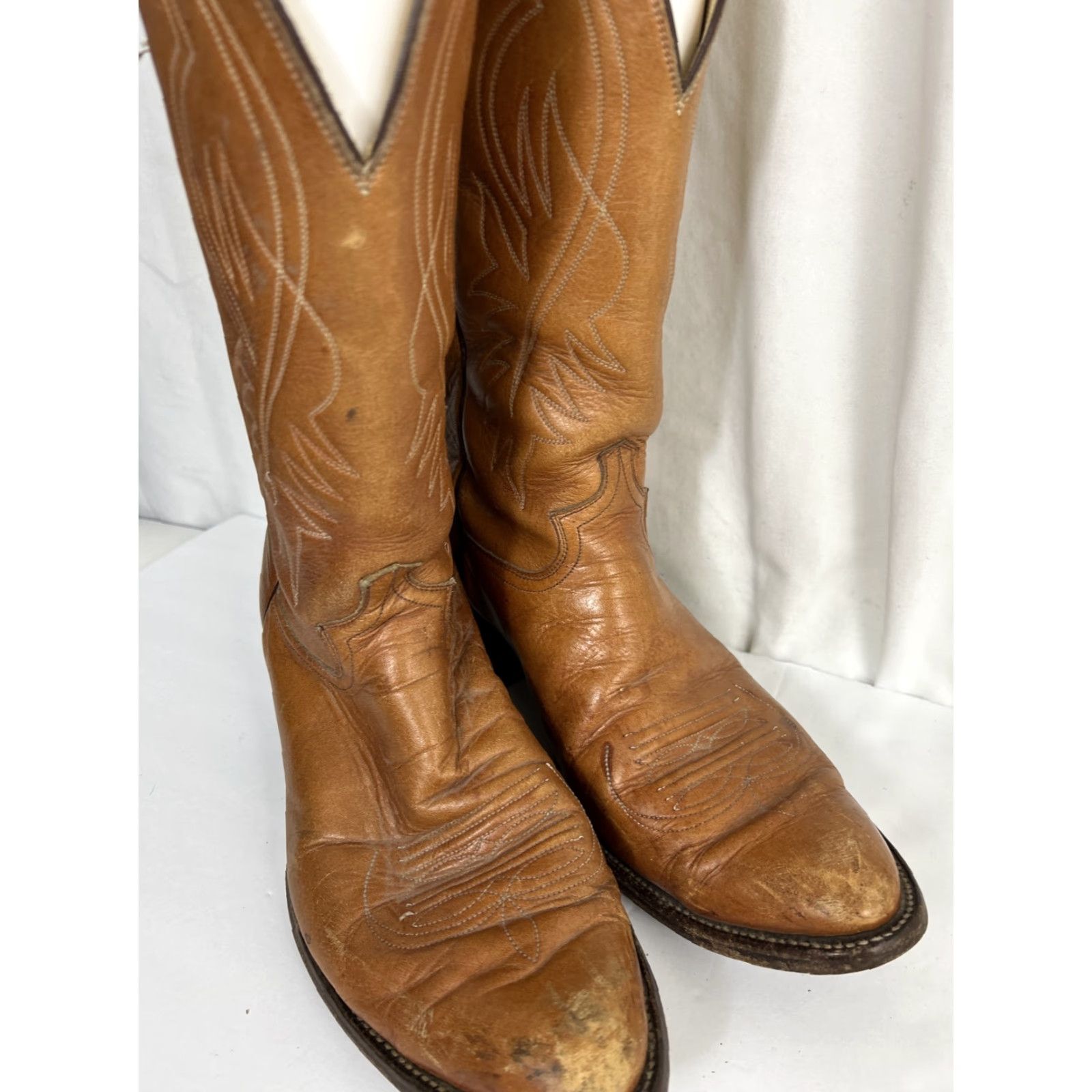 Justin Boots VINTAGE Justin Boots Mens 10 Brown Leather Cowboy Western Boots Pull-on Mid-Calf Pointed Toe USA Mens Size US 10 / EU 43 - 3 Thumbnail