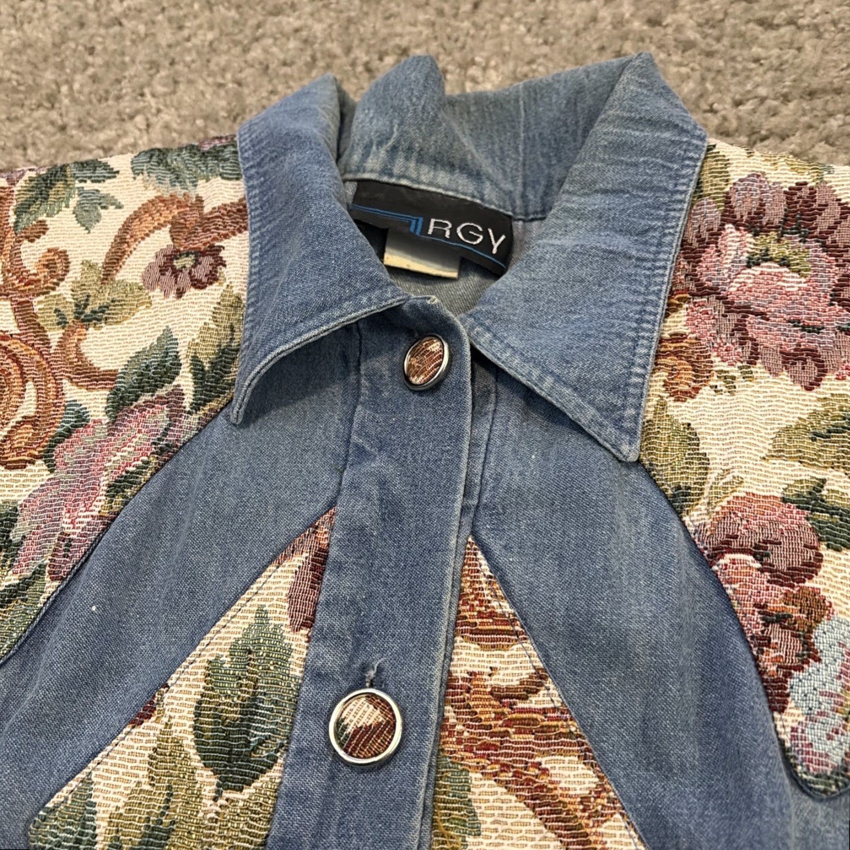 Denime VINTAGE RGY Denim Shirt Dress Long Sleeve Floral Panels Blue 10 Buttons Womens Regular Long Shirt Dress Size L / US 10 / IT 46 - 7 Thumbnail