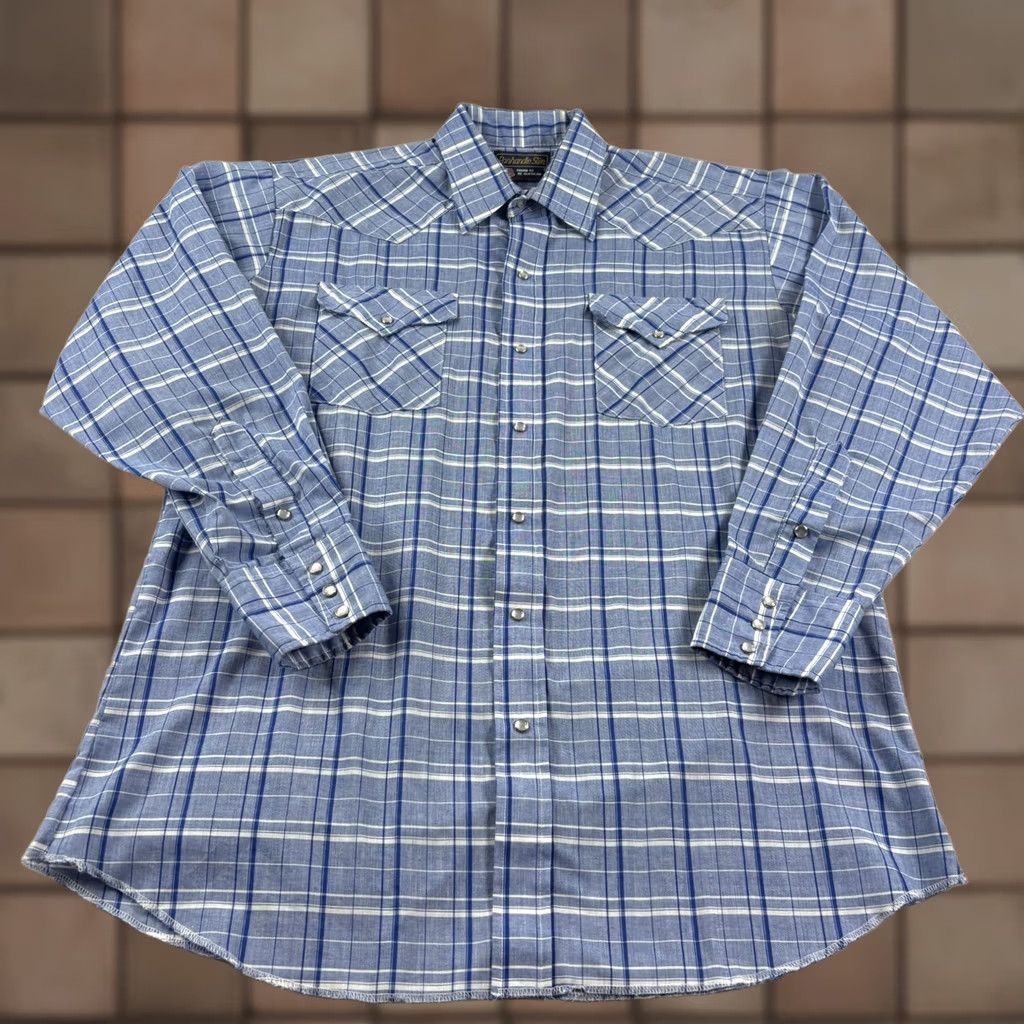 Vintage VINTAGE Panhandle Slim Shirt Mens 16.5 Blue Plaid Pearl Snap Up Western USA Made Cowboy Size US XL / EU 56 / 4 - 1 Thumbnail