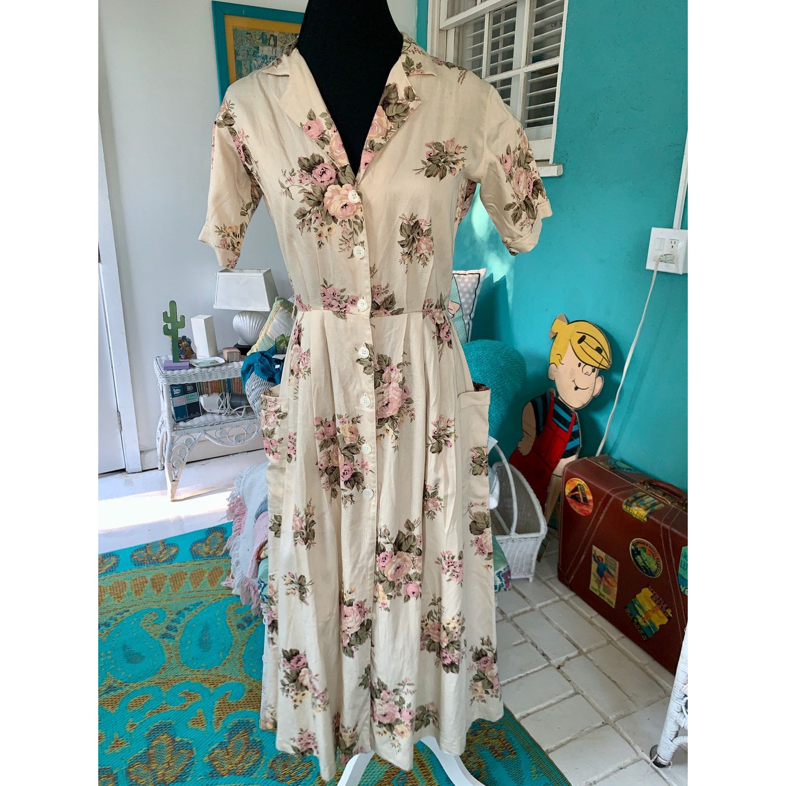Other VINTAGE 80s BRITISH KHAKI ROBERT LIGHTON FLORAL TEA DRESS Size S / US 4 / IT 40 - 21 Thumbnail