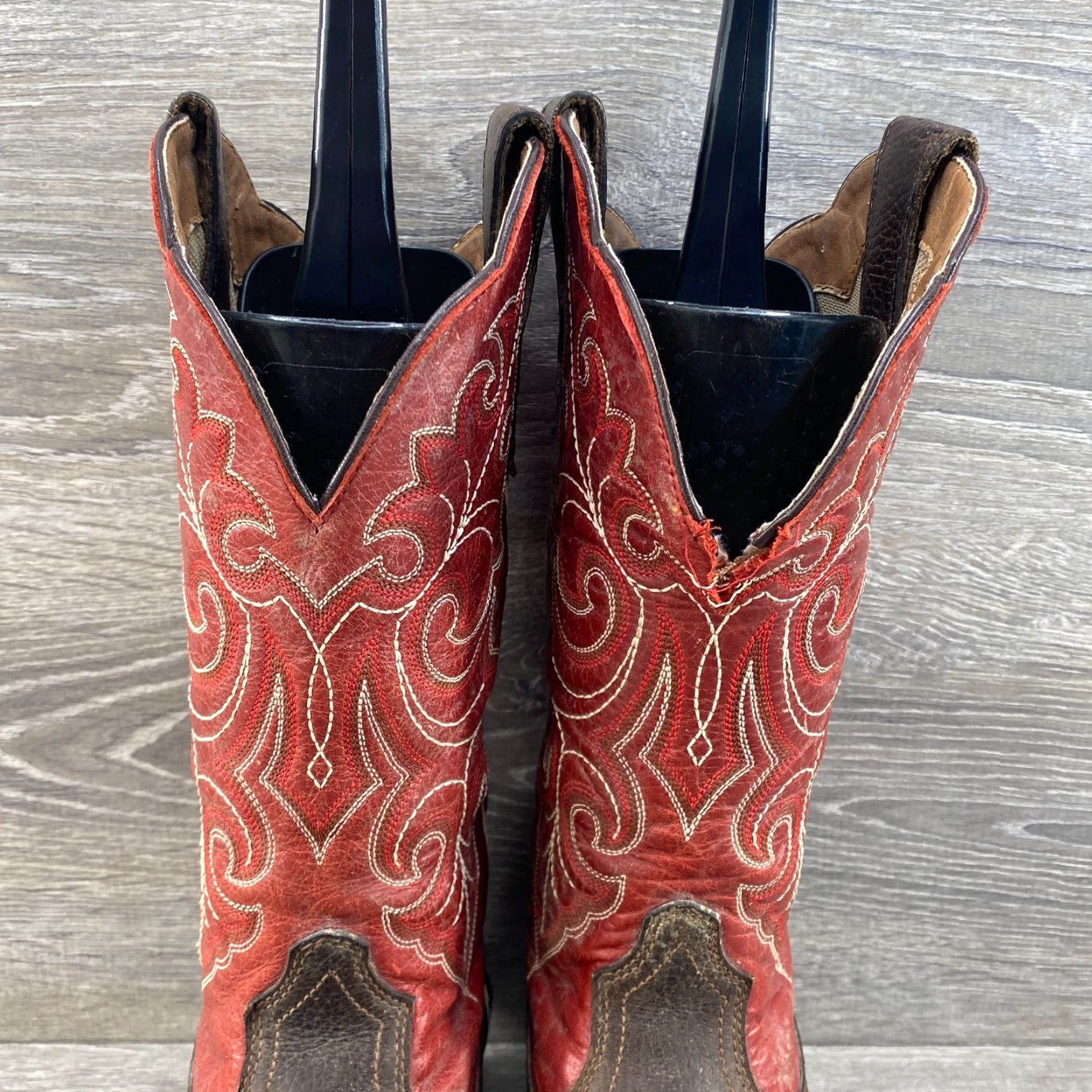 Ariat Ariat Ladies 9.5 B Cowboy Round Up Square Toe Brown & Red Leather Western Boots Size US 7 / IT 37 - 6 Thumbnail