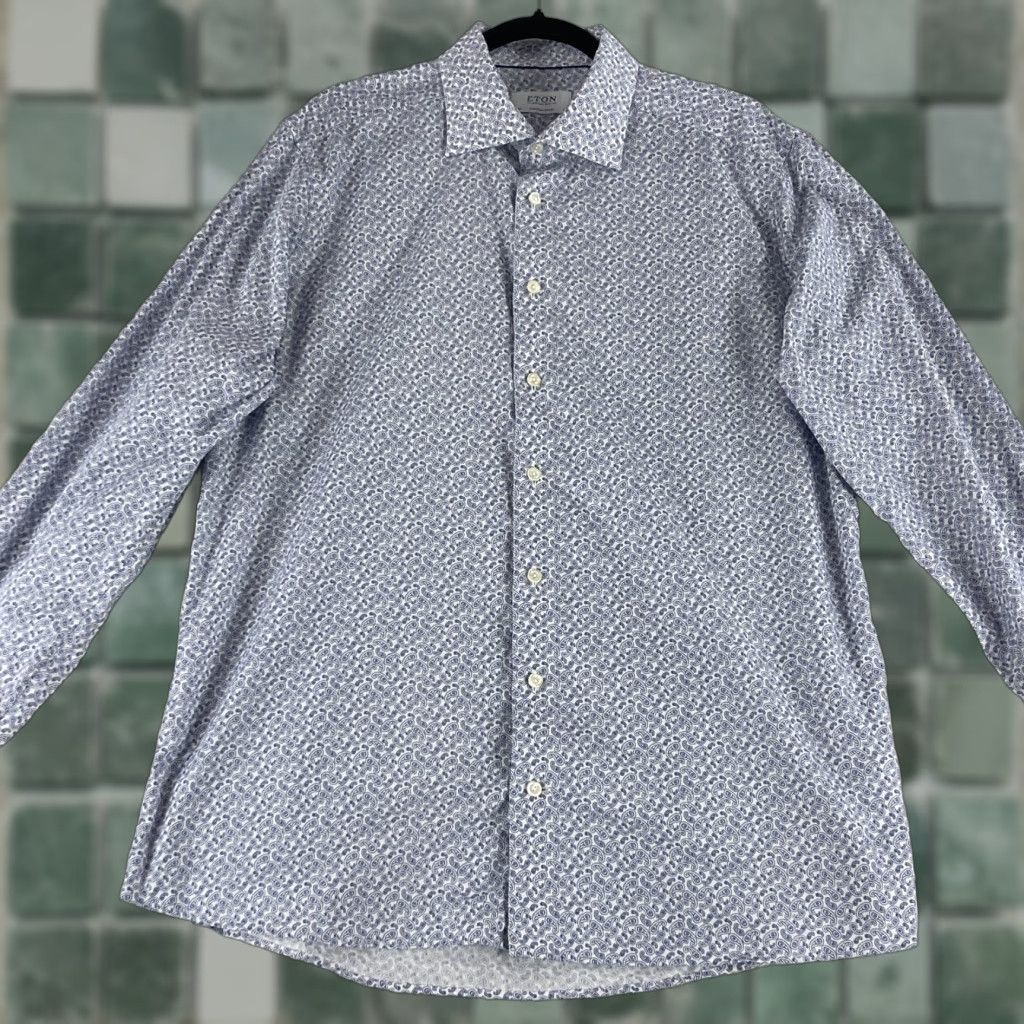 Eton Eton Blue Paisley Print Button-Up Shirt Mens Long Sleeve Contemporary XL Size US XL / EU 56 / 4 - 1 Thumbnail