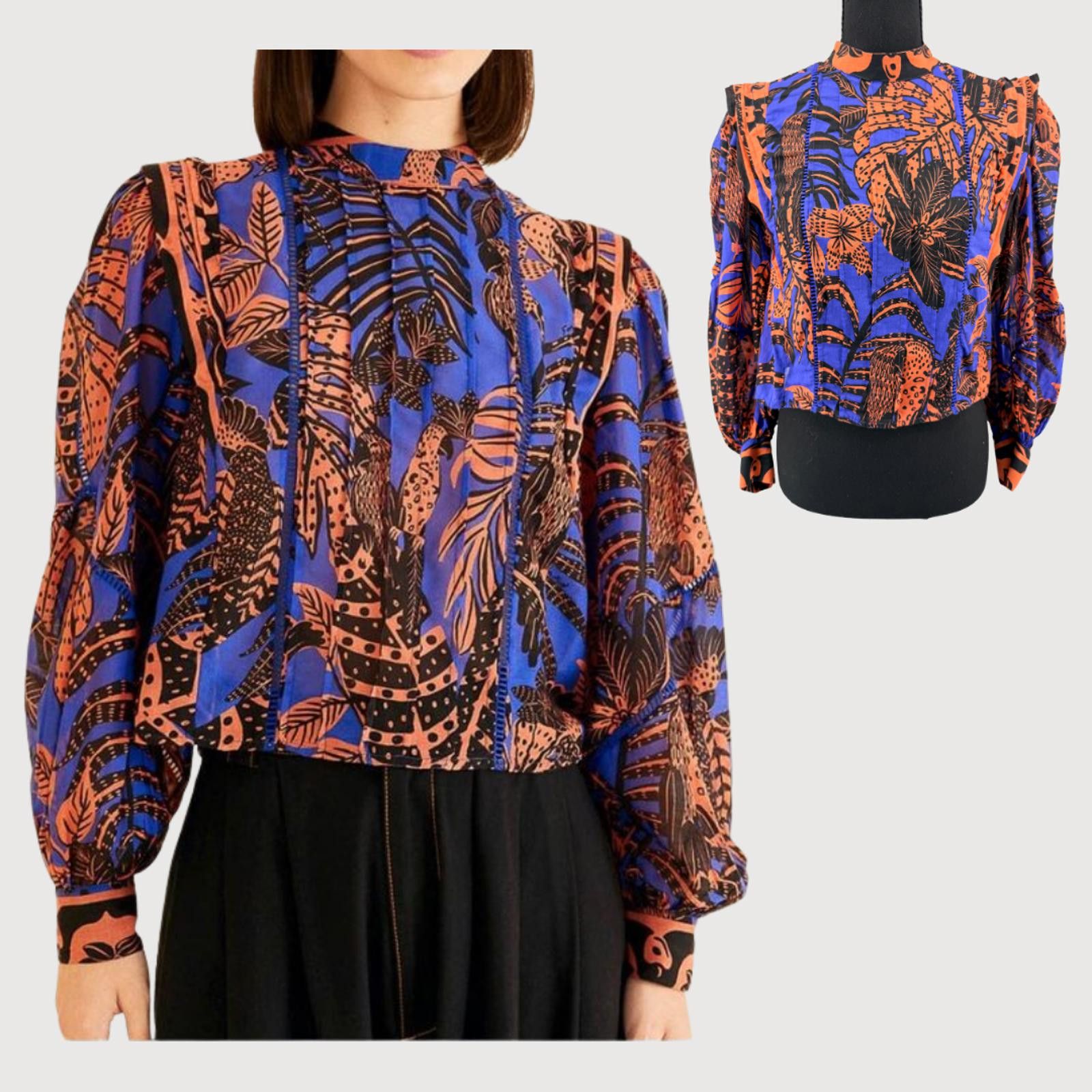 Farm Rio Farm Rio Tropical Pleated Cotton Blouse Coral Blue XXS Size XXS / US 00 / IT 34 - 1 Thumbnail