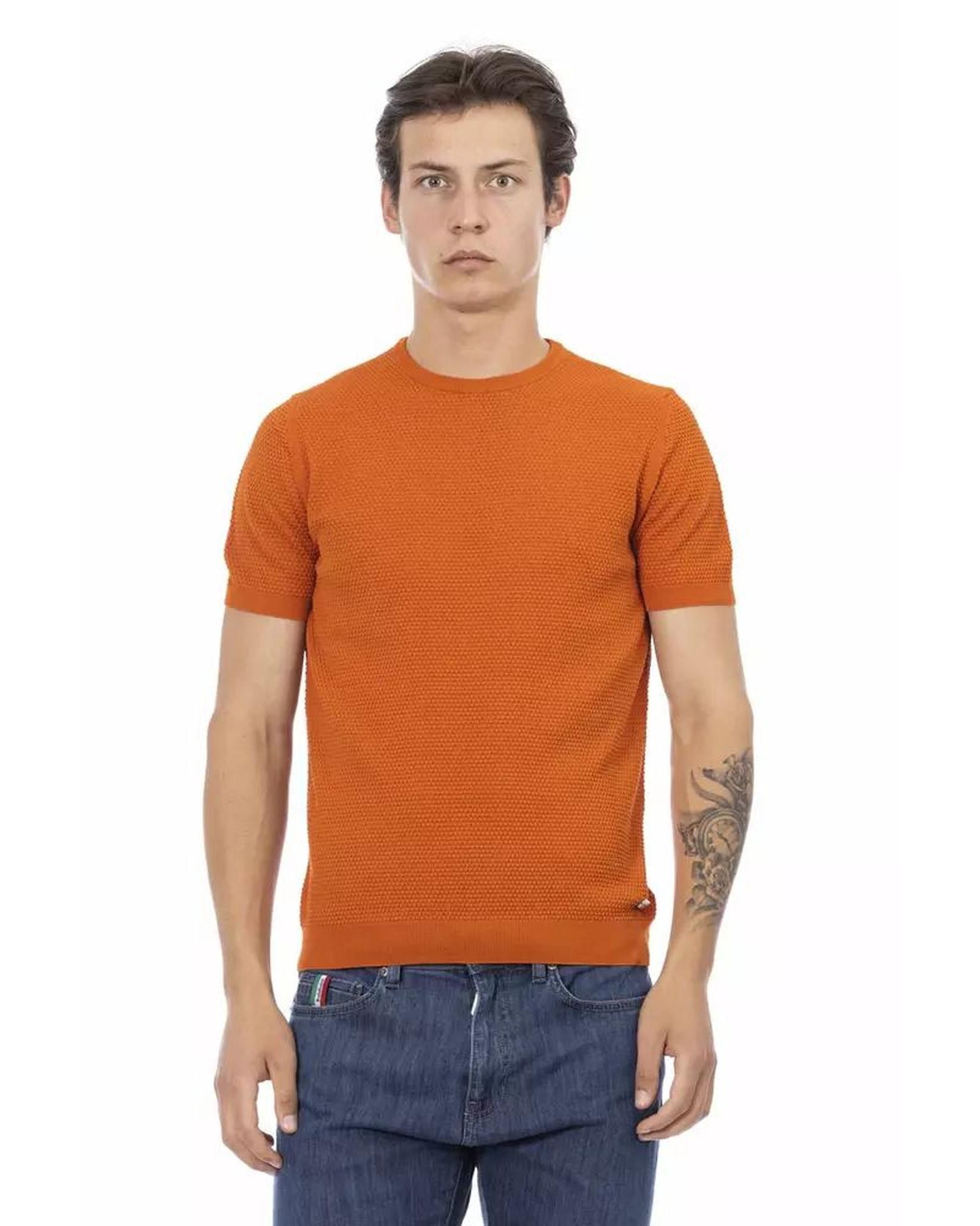 image of Baldinini Cotton Sweater With Short Sleeves And Ribbed Crew Neck in Orange, Men's (Size 2XL)