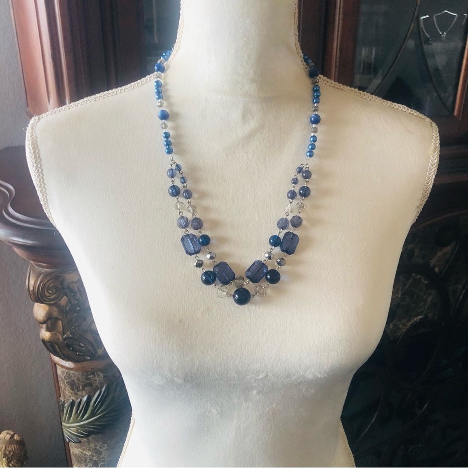 Handmade Handcrafted blue tone vintage bead pearl necklace Size ONE SIZE - 4 Thumbnail