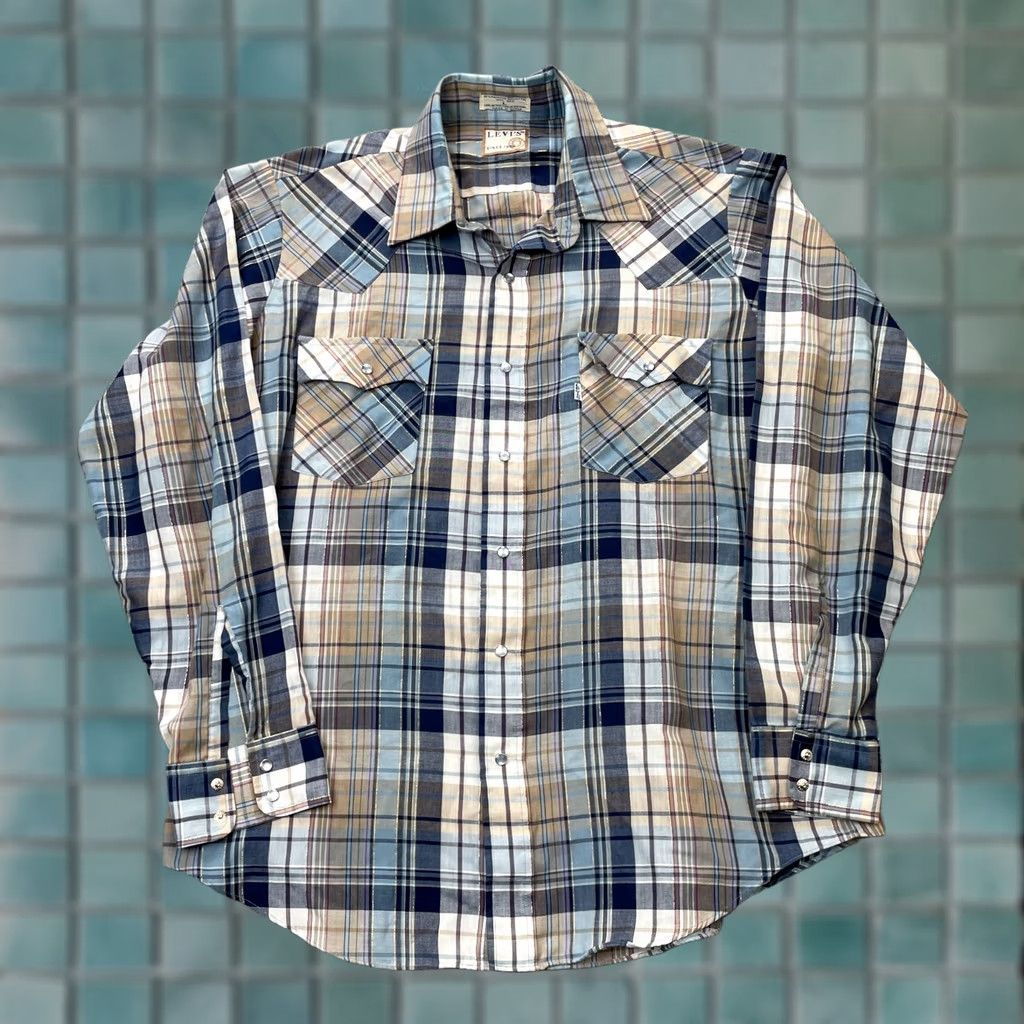 Levi's VINTAGE Levi's Shirt Mens Large Blue Plaid Cotton Pearl Snap Cowboy Western 80s Size US L / EU 52-54 / 3 - 1 Thumbnail