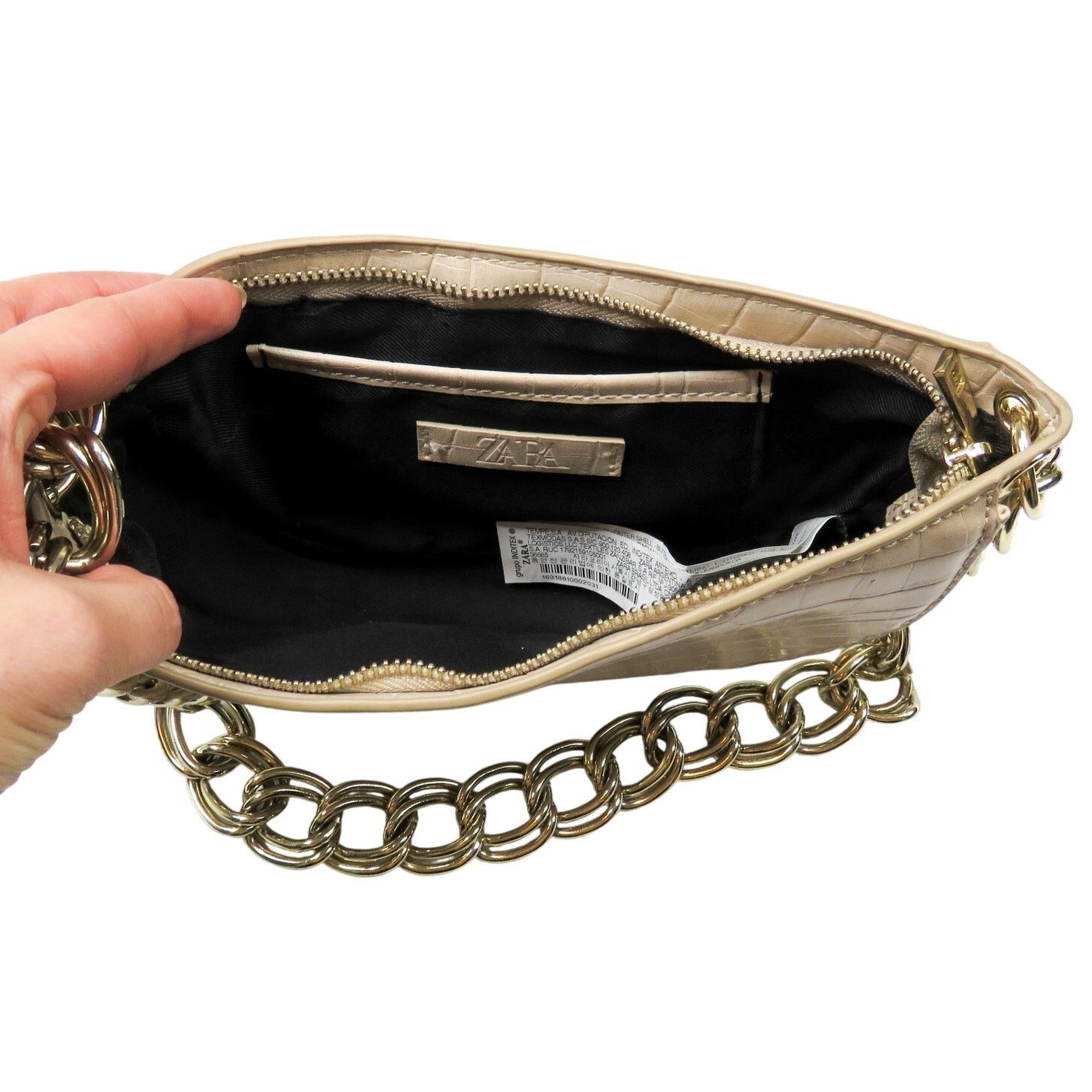 Zara Zara Cream Croc Leather Shoulder Bag Gold Chain Baguette Bag Size ONE SIZE - 7 Thumbnail