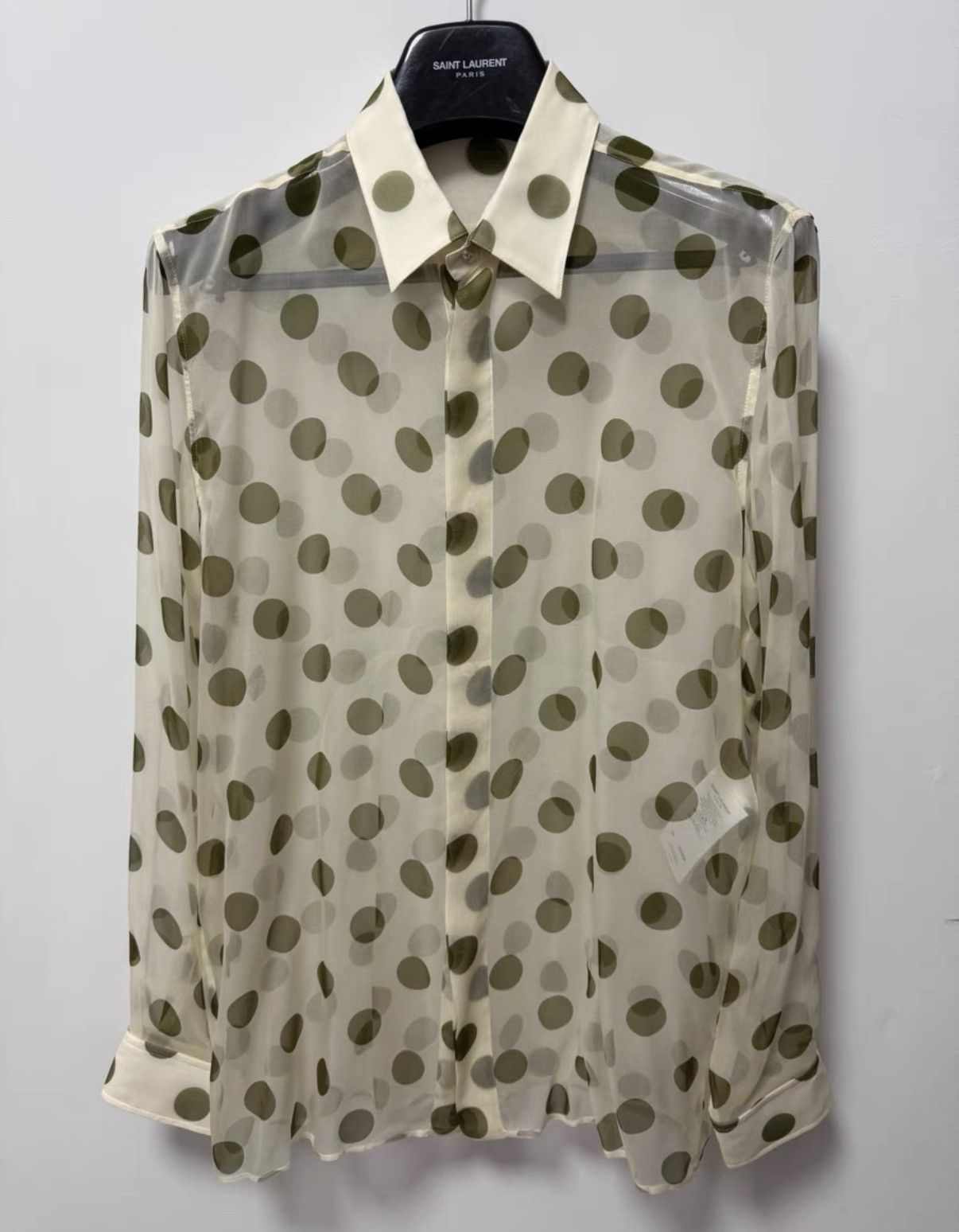 Saint Laurent Paris Saint Laurent Light Green Silk Point Collar Polka Dot Shirt Size US L / EU 52-54 / 3 - 1 Thumbnail