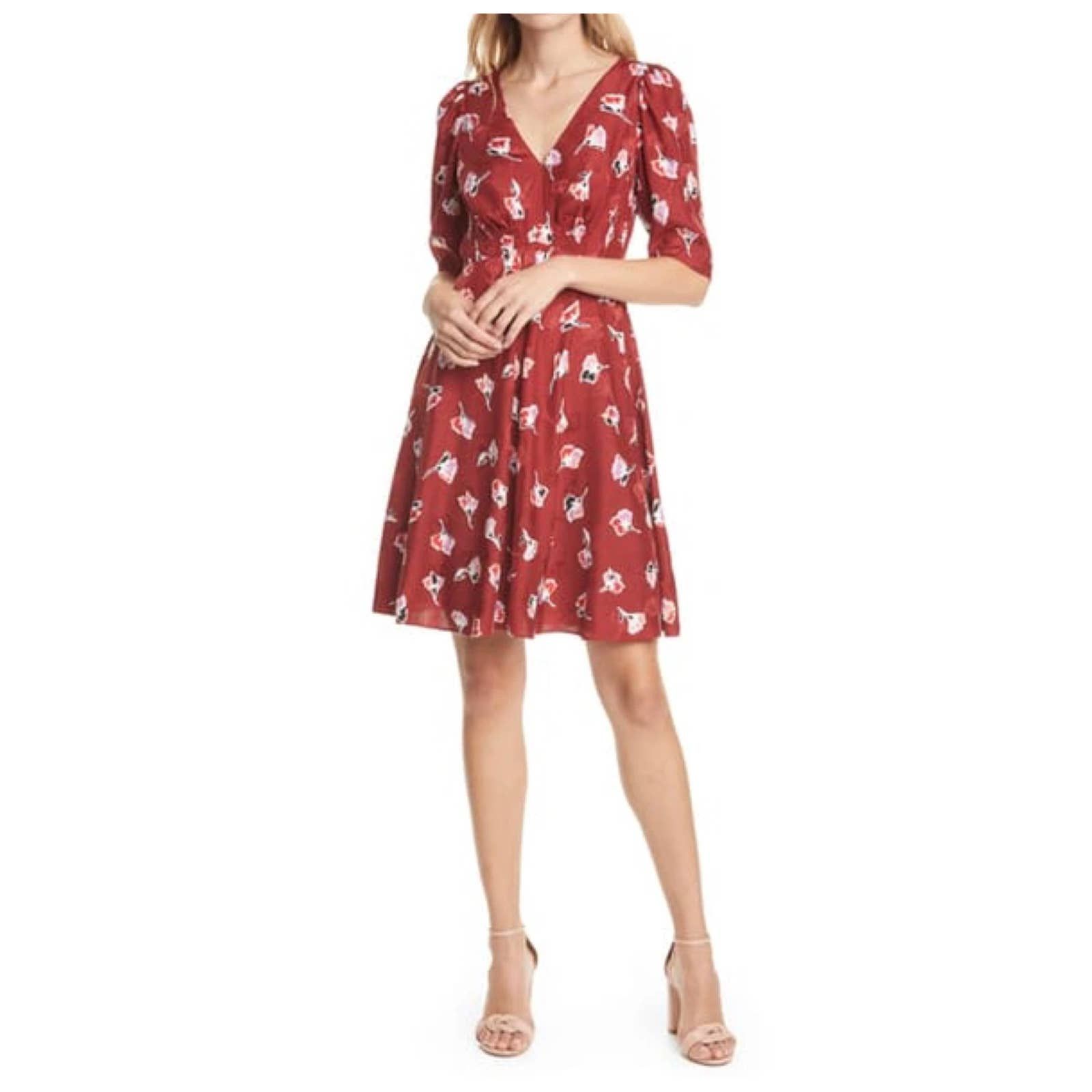 Image of Rebecca Taylor Paintbrush Floral Silk Blend Dress Cabernet in Red, Women's (Size XS)