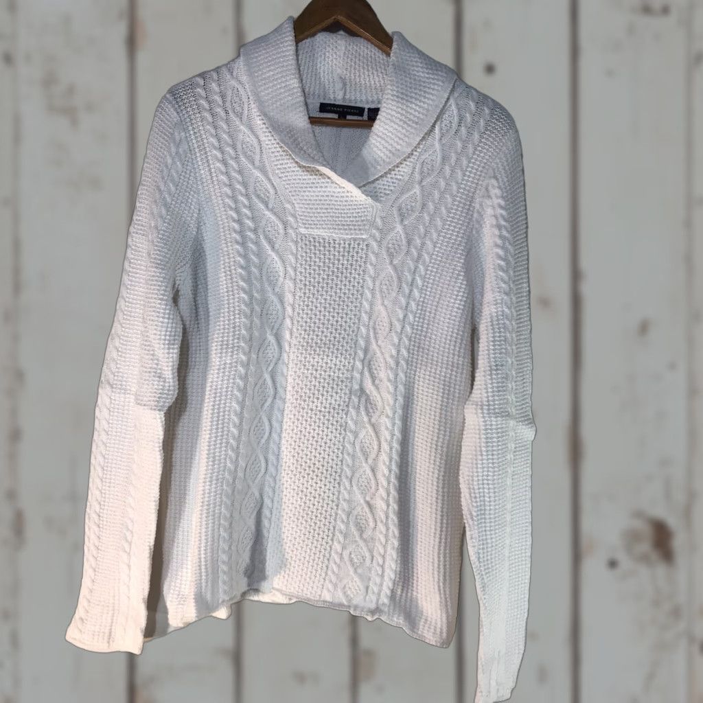 Vintage Jeanne Pierre Women's Sweater Pullover V-Neck Cable Knit Long Sleeve Casual Fall Winter Size L White Size L / US 10 / IT 46 - 1 Thumbnail