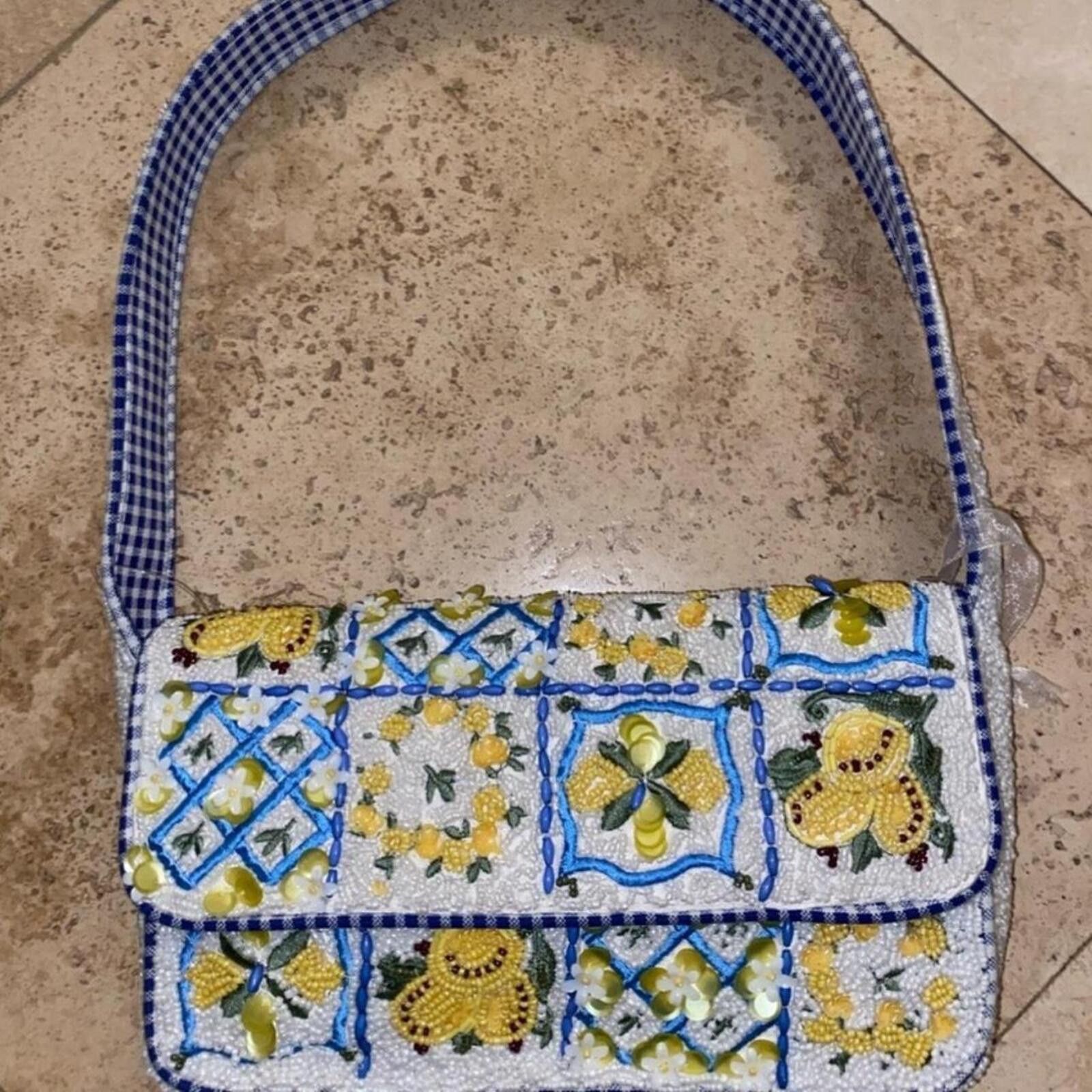 Marsell TikTok Viral Yellow and Blue Lemon Toile Tile Beaded Bag Size ONE SIZE - 2 Thumbnail