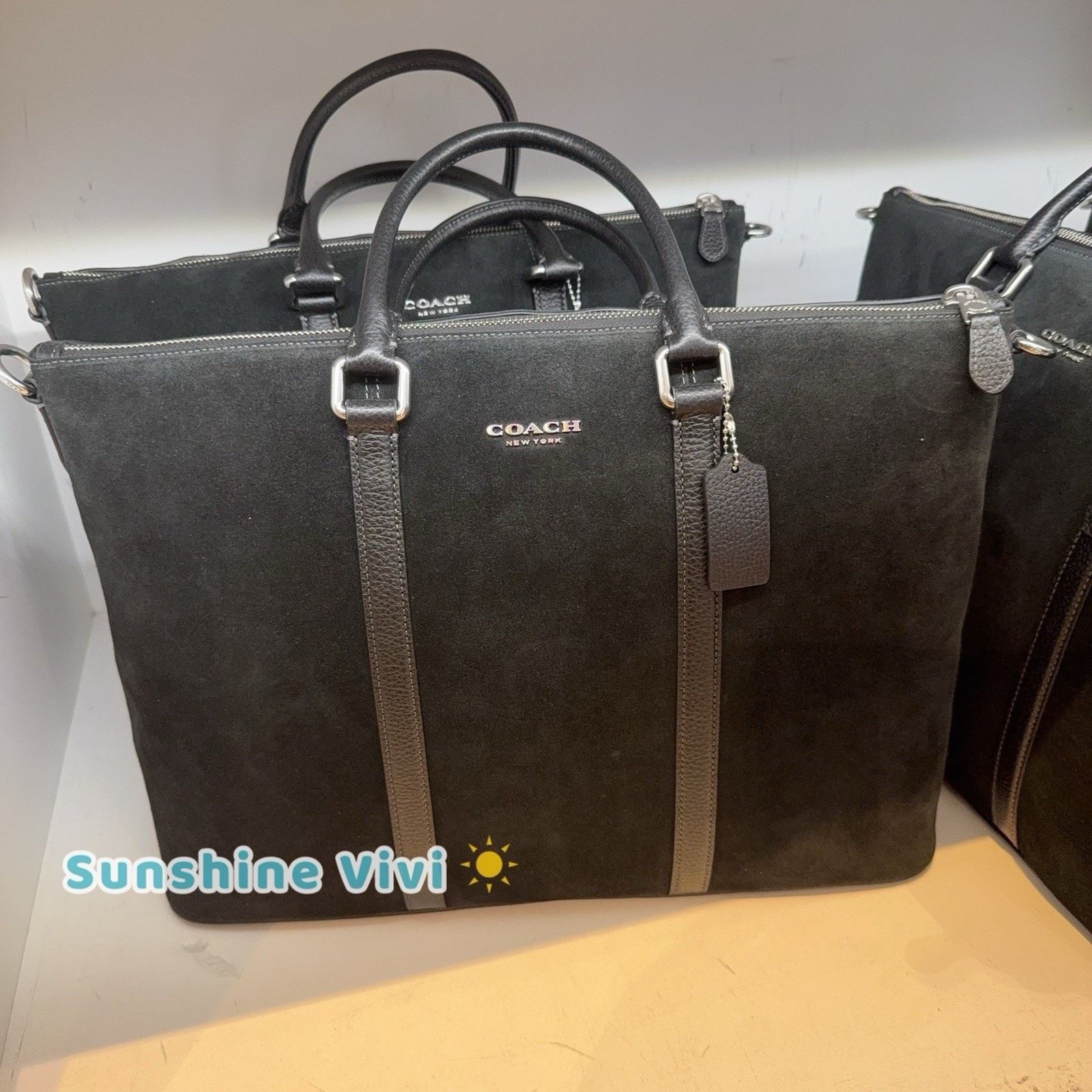 NWT COACH Caleb Work Bag Silver/Black Suede leather CDB66