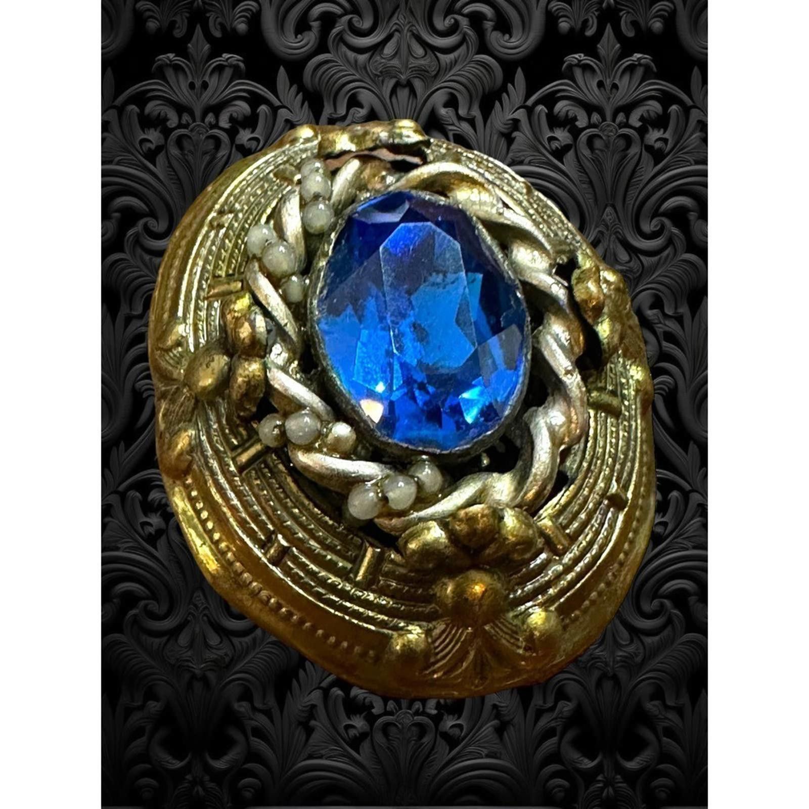 Designer Antique Art Deco Czech Glass Cobalt Blue Brass Dress Clip Size ONE SIZE - 7 Thumbnail