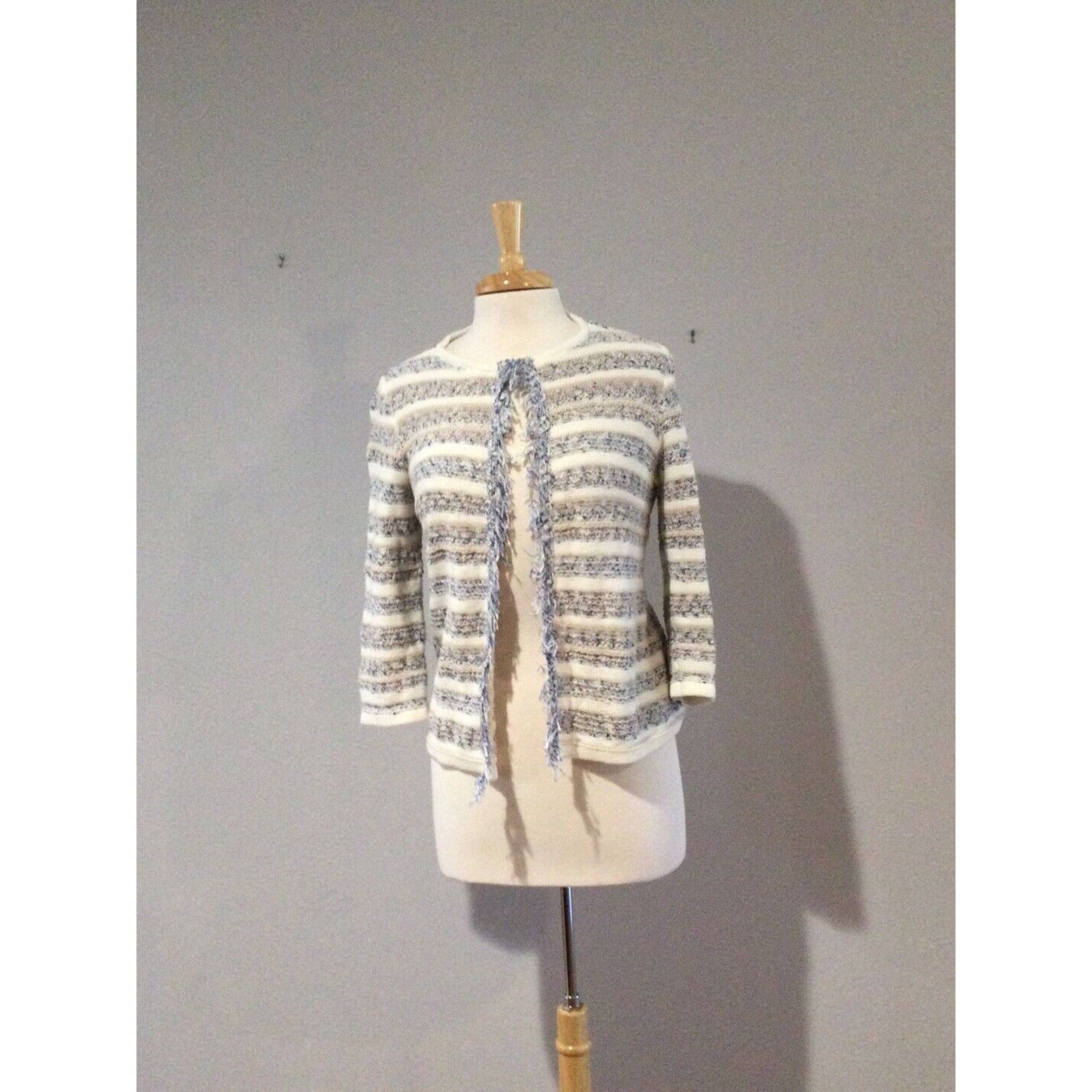 Chicos Chico's Fringe Tan Blue & White Knit Cardigan Size 0/S/4 Size S / US 4 / IT 40 - 1 Thumbnail