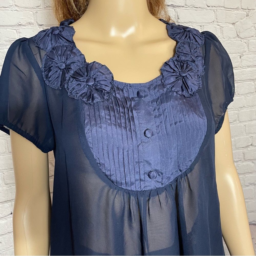 Other Aqua Navy Sheer Short Sleeve Blouse Size L Size L / US 10 / IT 46 - 3 Thumbnail