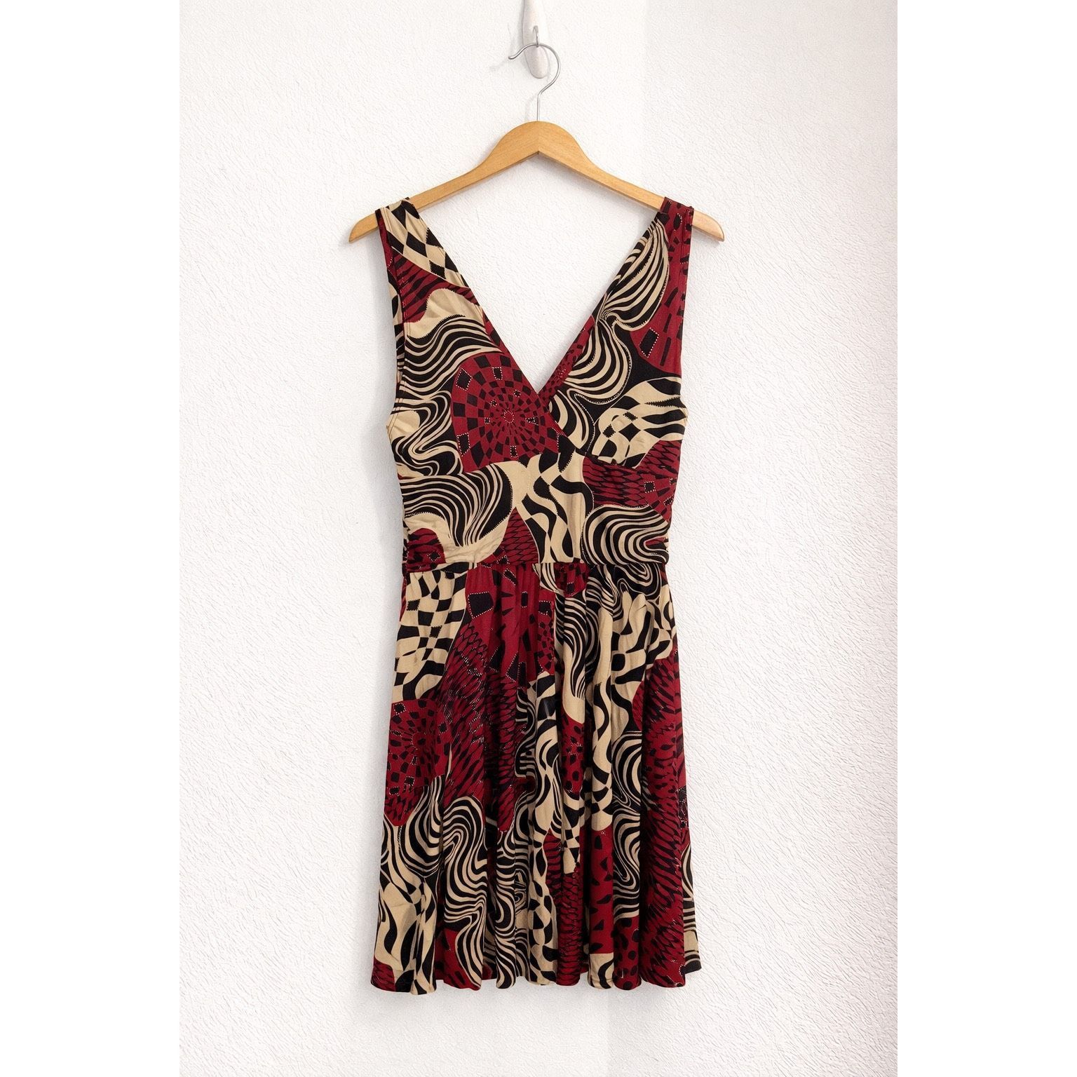 Other Ariella Abstract Print Fit & Flare Dress Red Black Tan Sleev Size M / US 6-8 / IT 42-44 - 2 Thumbnail