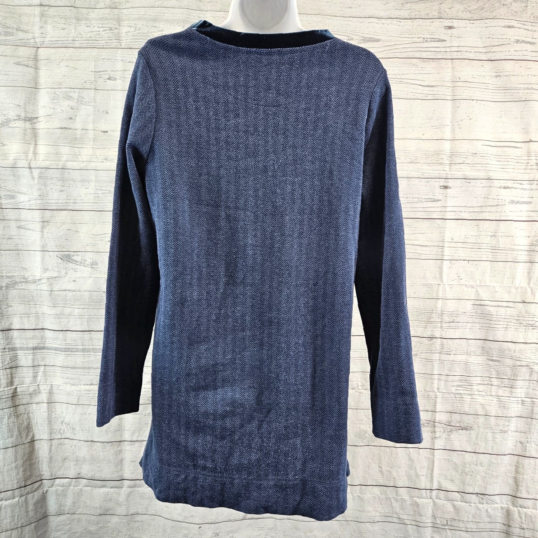 Soft Surroundings Soft Surroundings Blouse Tunic Womens Petite Medium Blue Herringbone Velvet Trim Long Sleeve Round Neck Size ONE SIZE - 4 Thumbnail