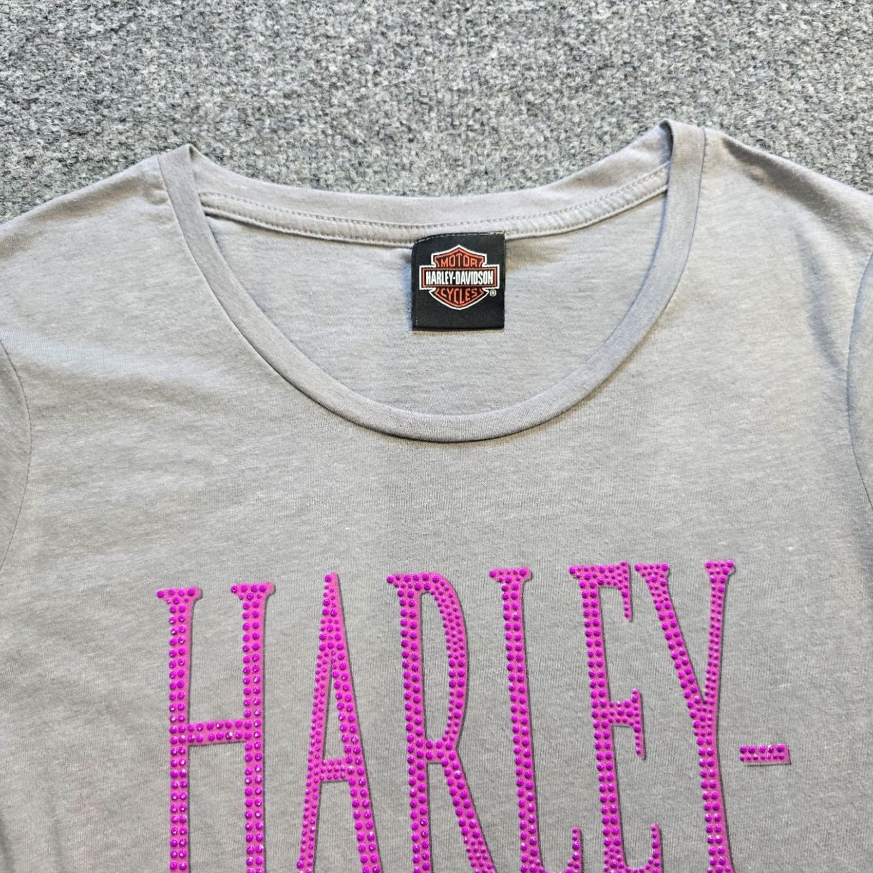Harley Davidson Harley-Davidson Women T-Shirt Gray Rhinestones Classic Short Sleeve V-Neck Motorcycle Size L / US 10 / IT 46 - 2 Thumbnail