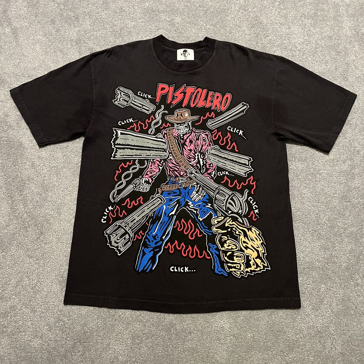 image of Warren Lotas Pistolero Cowboy Graphic Logo Tee Shirt in Black Stone Wash, Men's (Size Large)