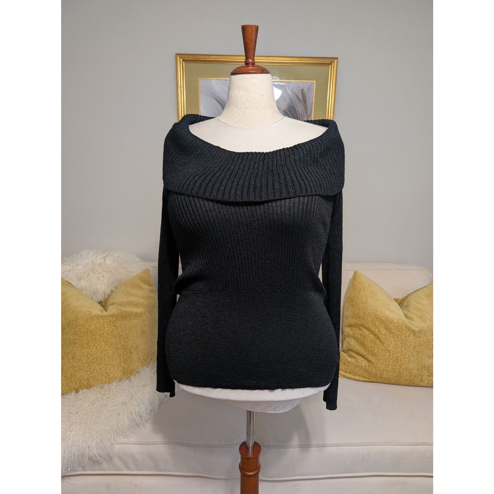 Other Rampage Black Ribbed Metallic Off-the-Shoulder Sweater Size L / US 10 / IT 46 - 1 Thumbnail