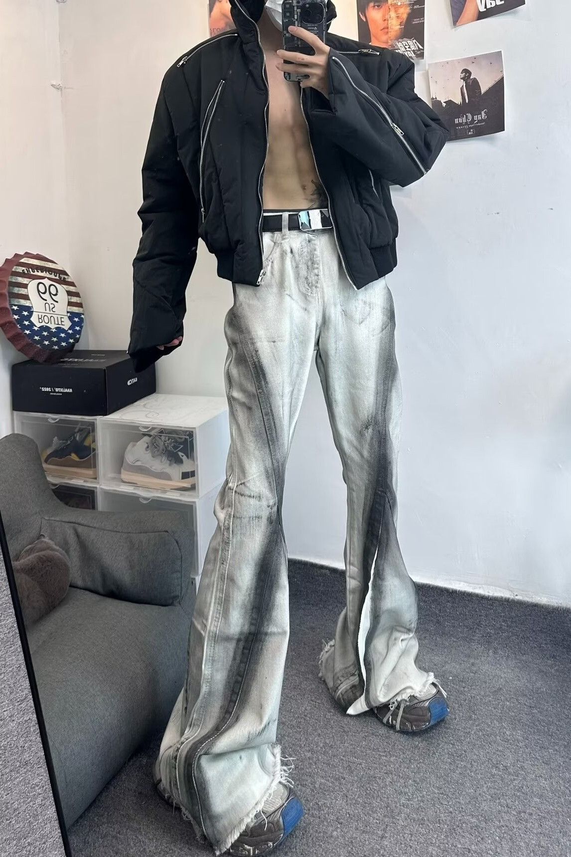 Japanese Brand × Jean × Vintage Streetwear Retro Fringed Black Wide Jeans Ribbon Size US 33 - 5 Thumbnail