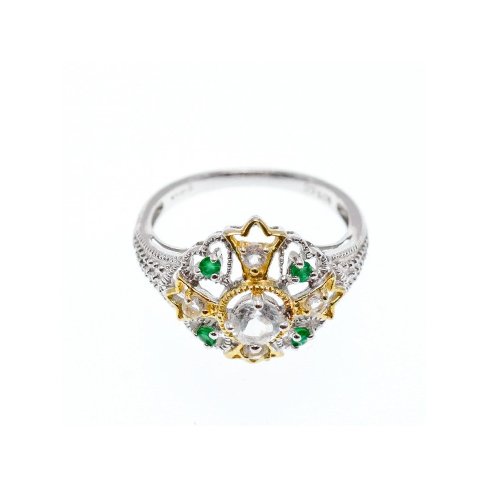 Jewelry 925 STERLING SILVER GOLD PLATED EMERALD & GOSHENITE RING Size ONE SIZE - 2 Thumbnail
