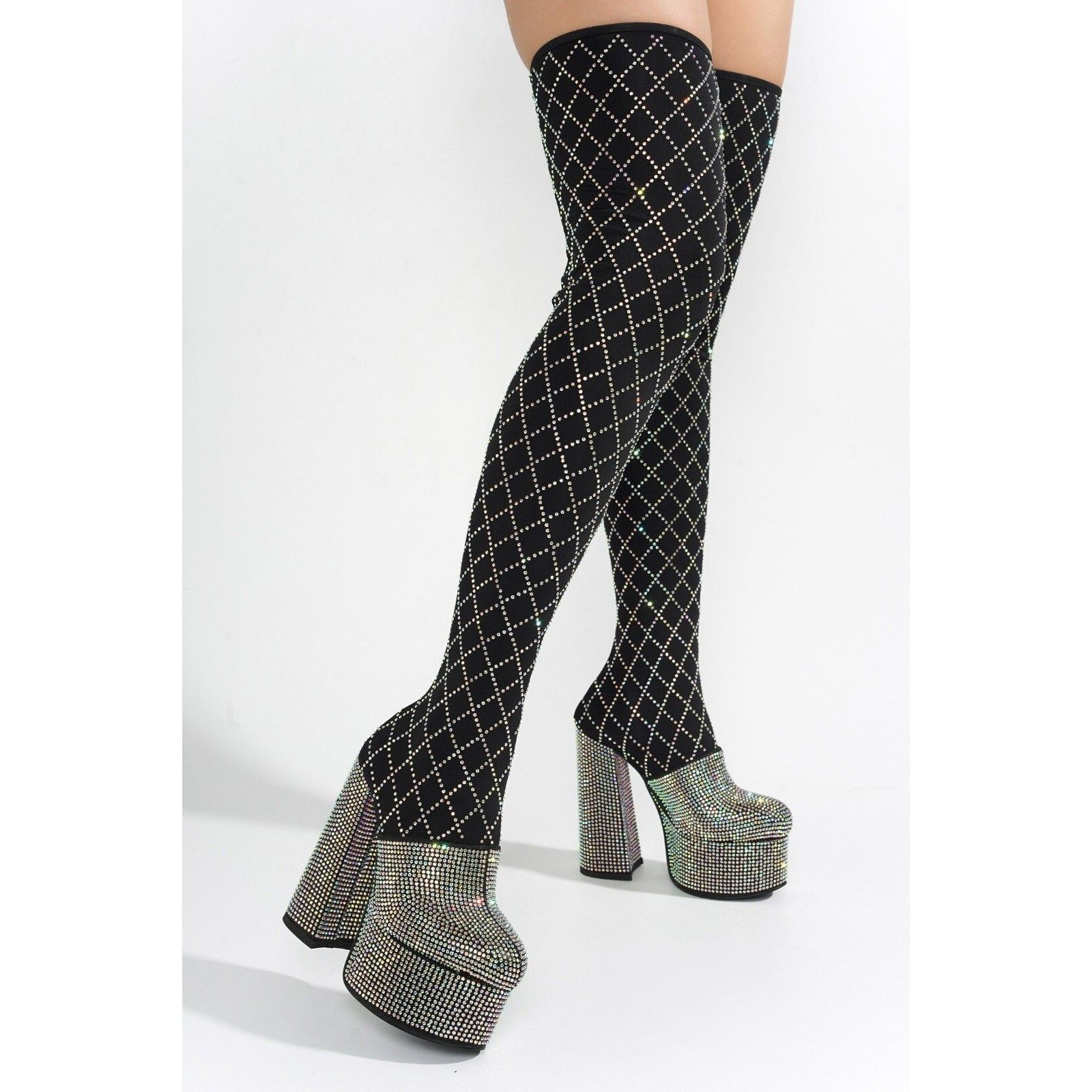 Other Diamonds Black Silver Rhinestone Stretch Thigh High Chunky H Size US 8 / IT 38 - 4 Thumbnail
