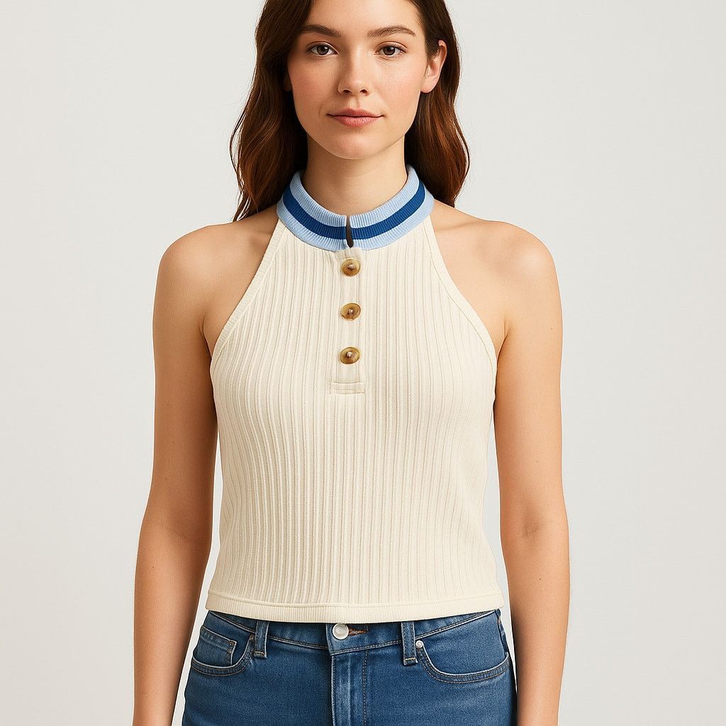 Other Y2K Preppy Ribbed Halter Tank Top White Button Front Meraki Size M / US 6-8 / IT 42-44 - 1 Thumbnail