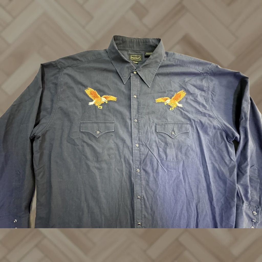 Vintage High Noon Shirt Mens 2XL Blue Western Eagle Embroidered Long Sleeve Snap Button Size US XXL / EU 58 / 5 - 1 Thumbnail